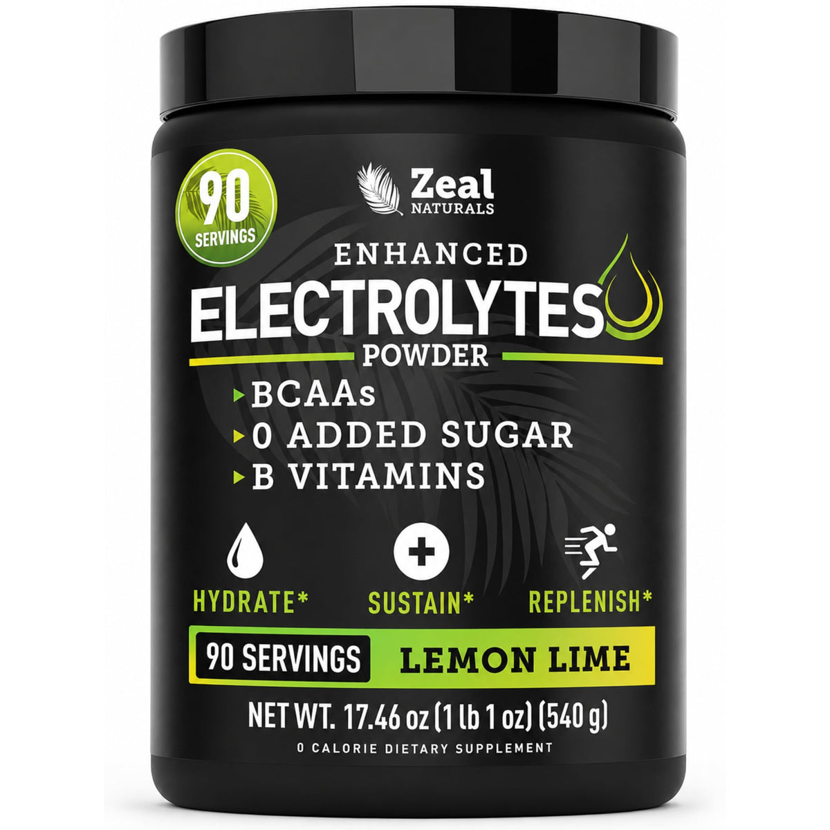 Zeal Naturals envase frontal mostrando sabor lima-limón y 90 porciones beneficios de hidratación
