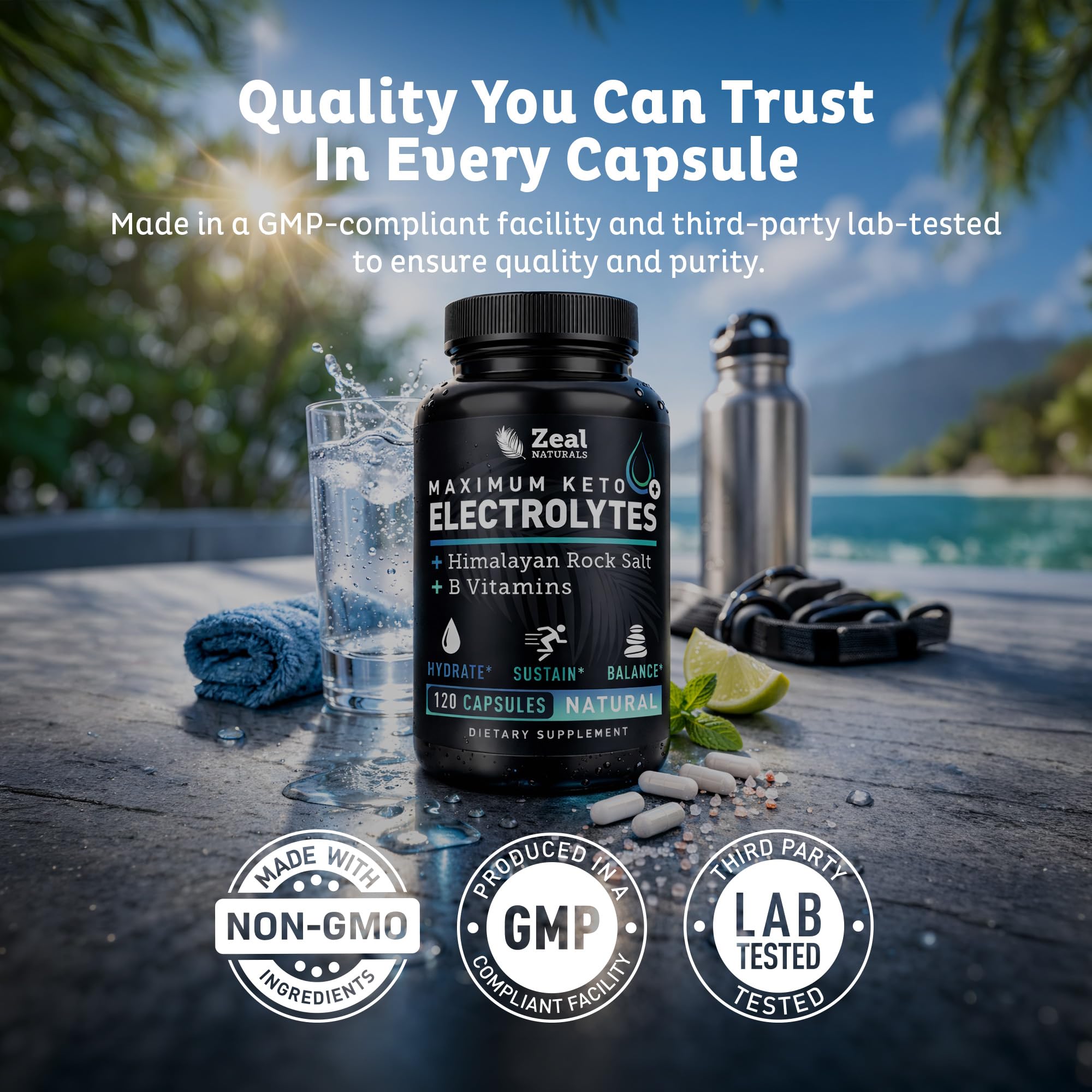 Zeal Naturals lifestyle: botella junto a equipo de ejercicio para reponer electrolitos