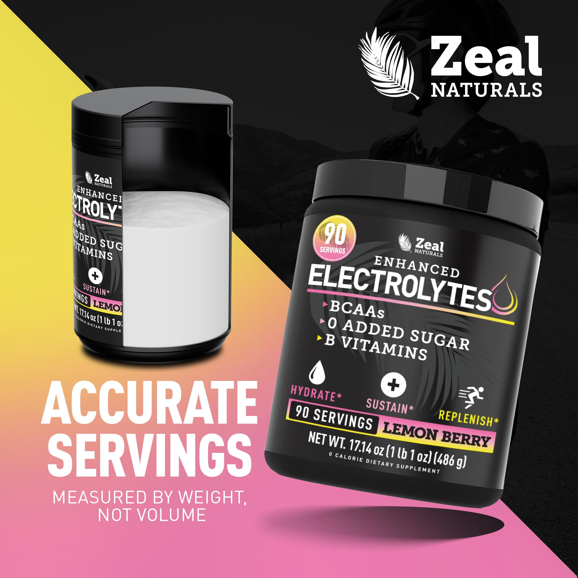 Zeal Naturals etiqueta nutricional detallada que destaca electrolitos y BCAAs