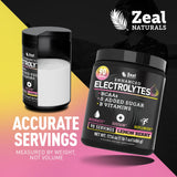 Zeal Naturals etiqueta nutricional detallada que destaca electrolitos y BCAAs