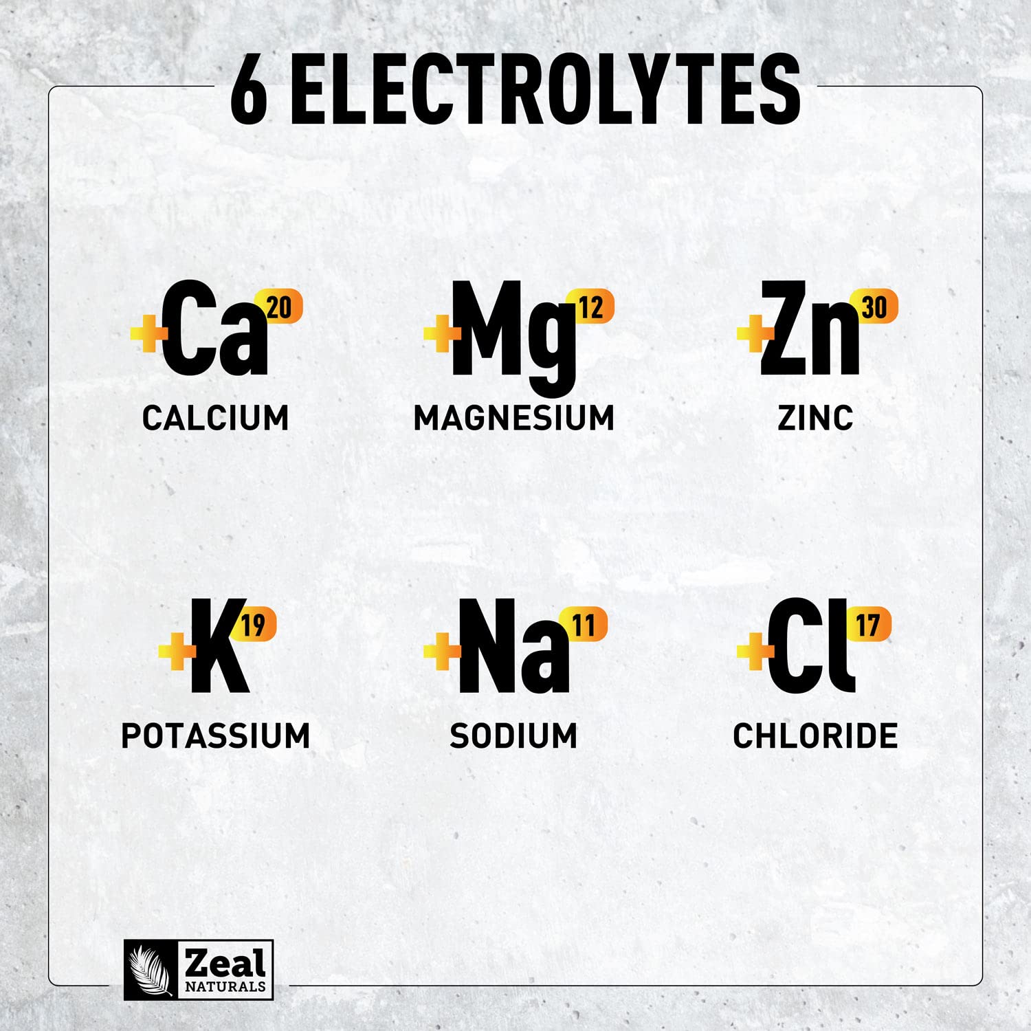 Etiqueta Zeal Naturals con lista de electrolitos y vitaminas B destacada