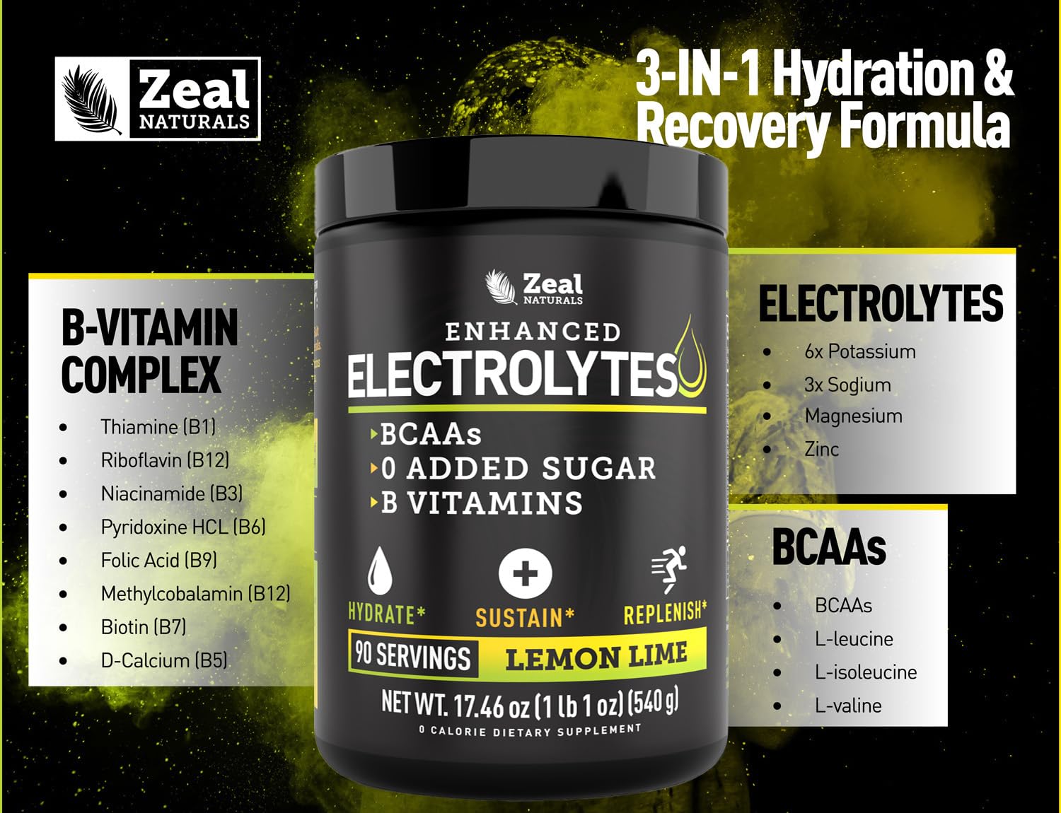 Etiqueta nutricional de Zeal Naturals destacando electrolitos, BCAA y vitaminas B