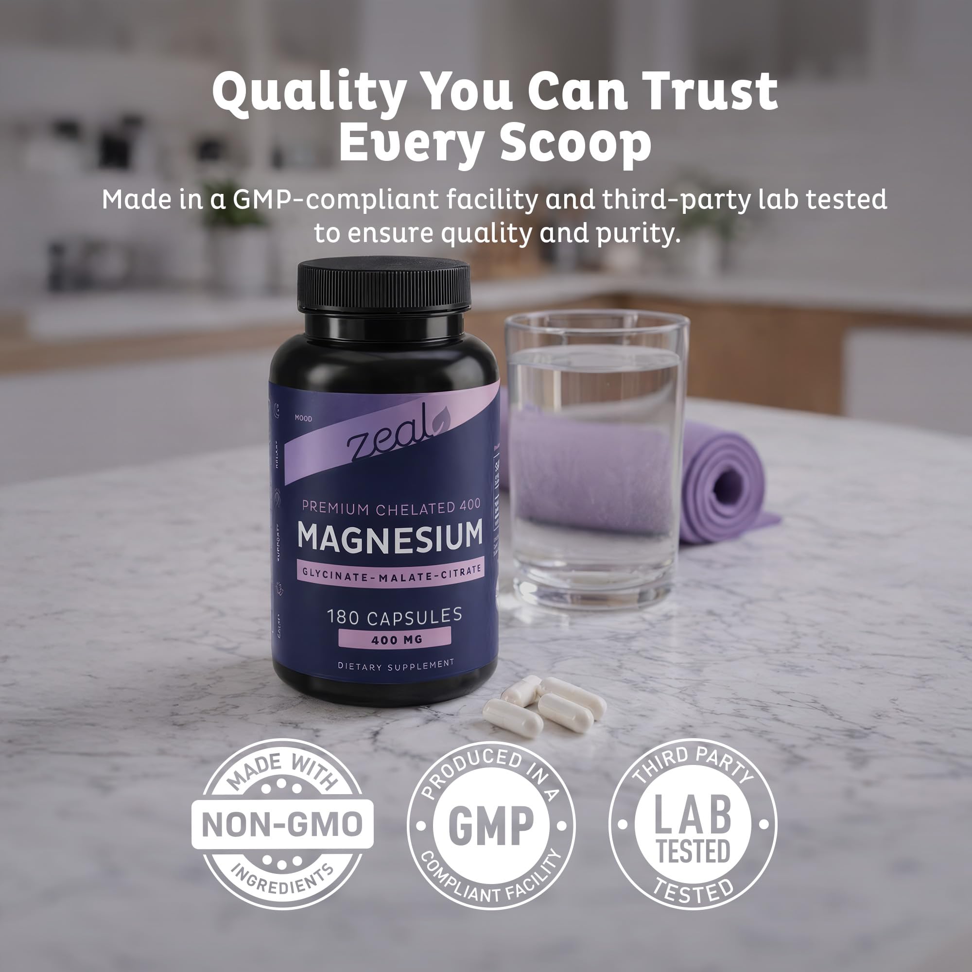 Zeal Naturals etiqueta cercana mostrando ingredientes y pruebas de calidad
