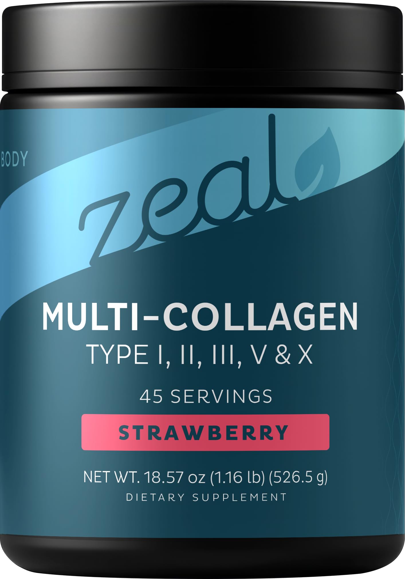 Zeal Naturals frente del empaque que muestra 45 porciones y beneficios principales