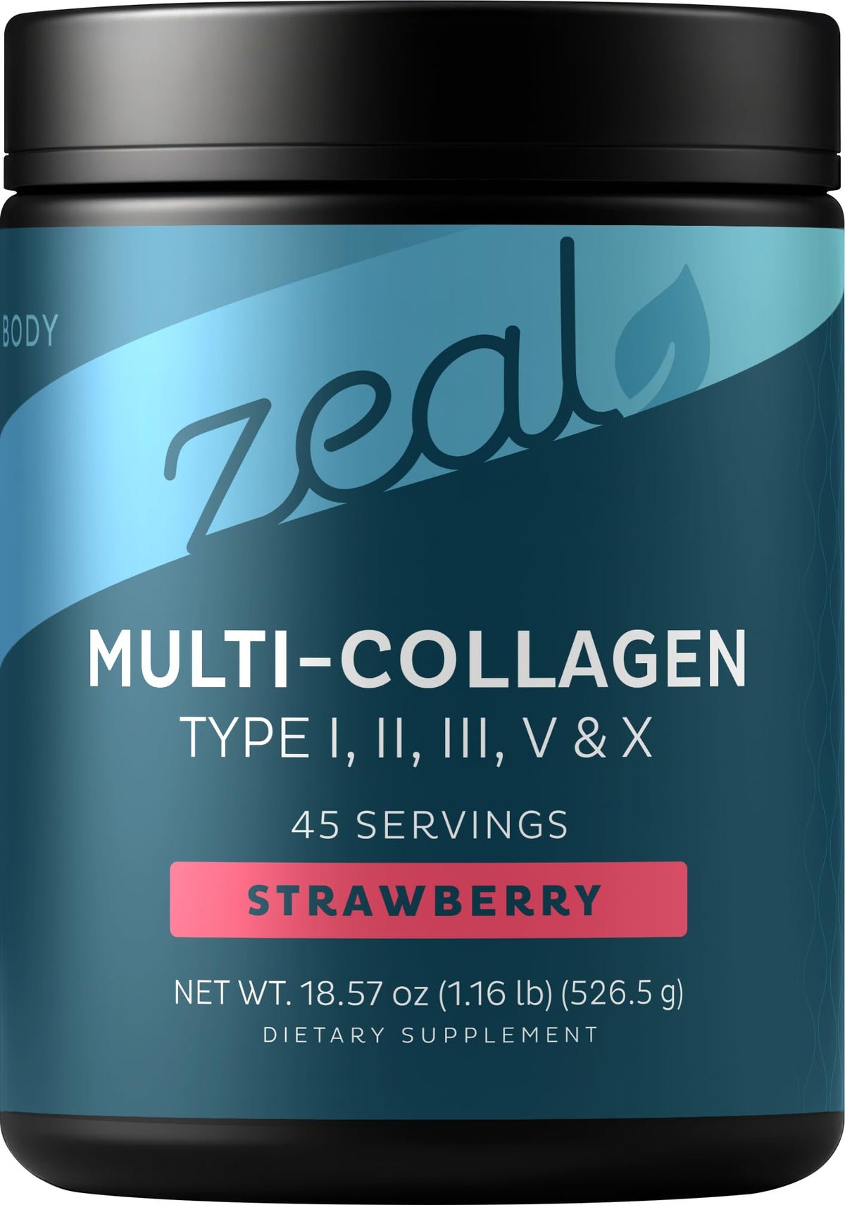 Zeal Naturals frente del empaque que muestra 45 porciones y beneficios principales
