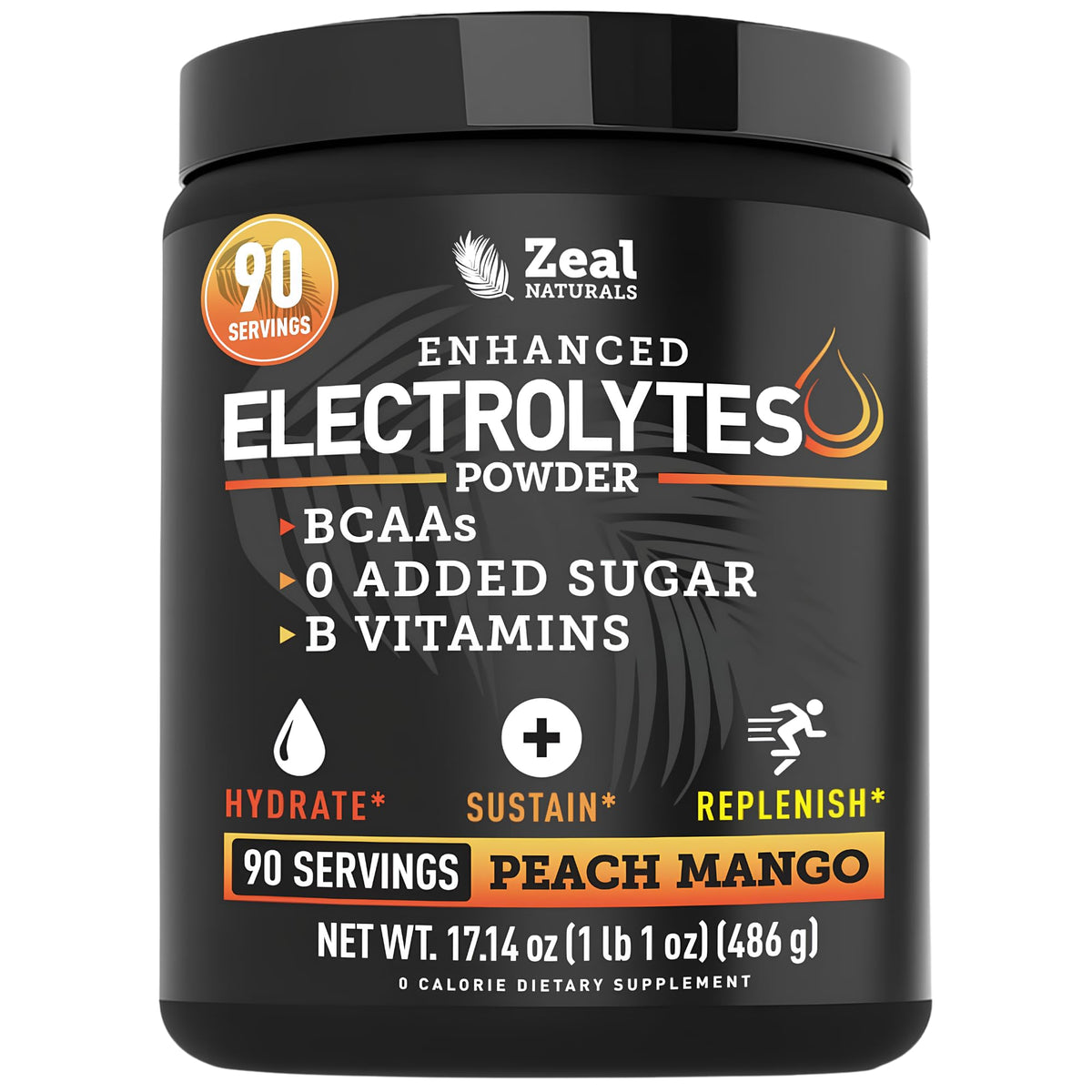Zeal Naturals frente del envase mostrando etiqueta y sabor durazno mango
