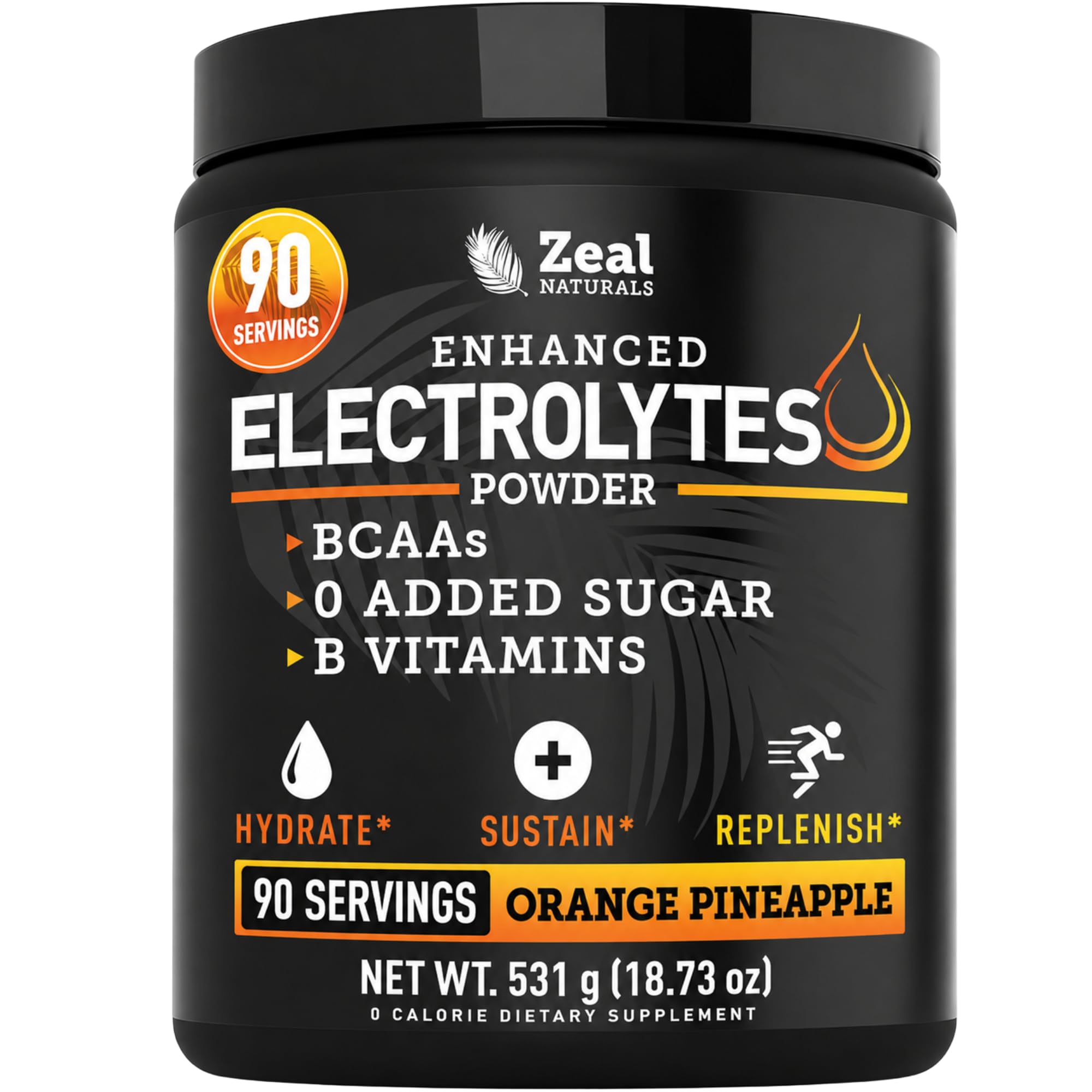 Zeal Naturals frente del envase mostrando 90 porciones y sabor naranja-piña