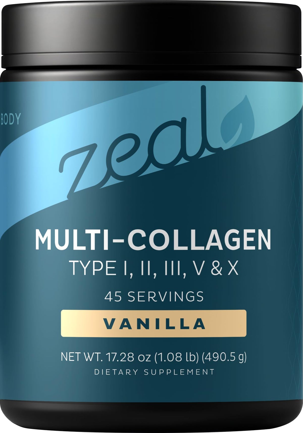 Zeal Naturals frente del envase mostrando sabor vainilla y raciones
