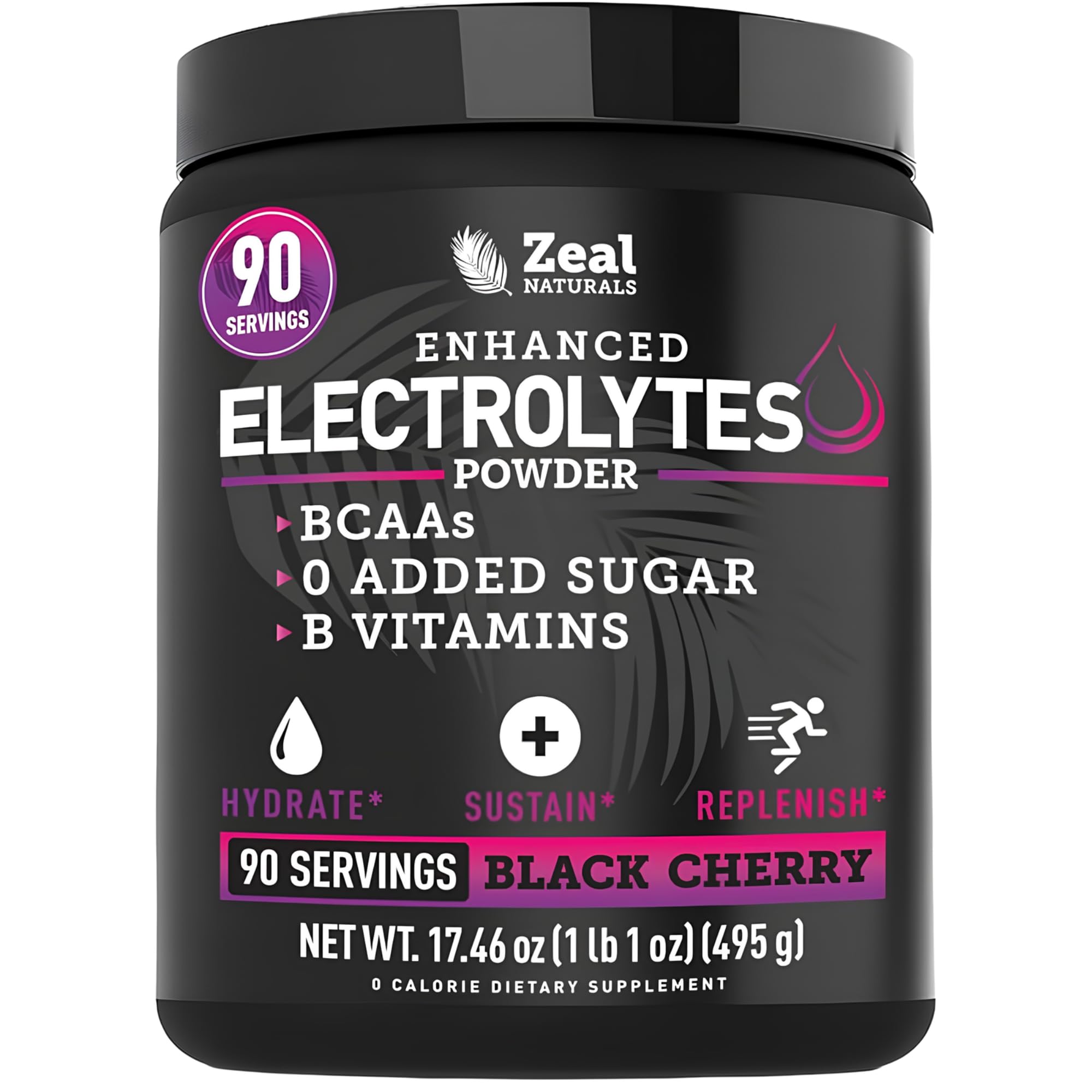 Zeal Naturals vista frontal del envase mostrando sabor Black Cherry y beneficios