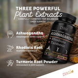 Zeal Naturals ingredientes: ashwagandha, rhodiola y cúrcuma, mezcla natural