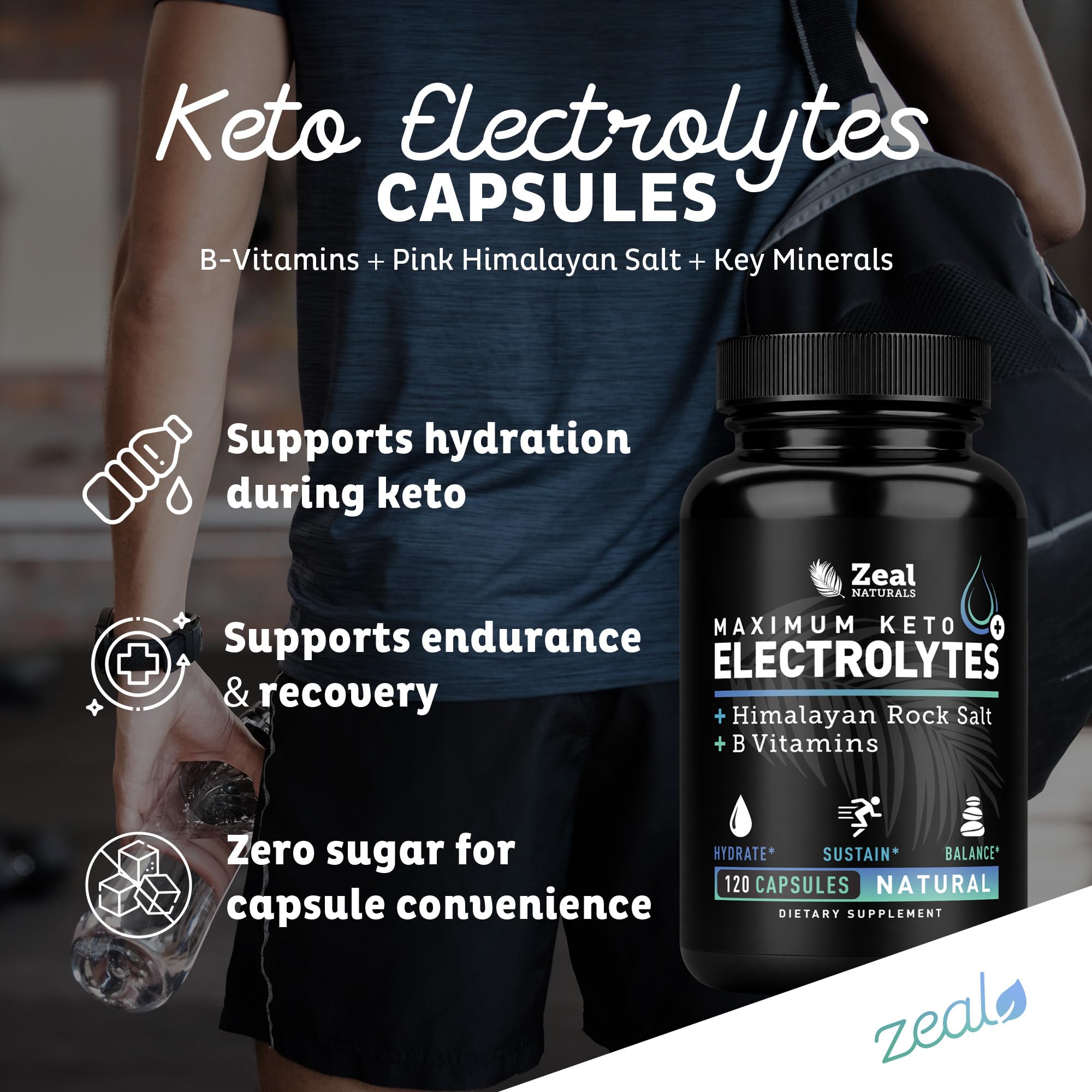 Zeal Naturals ingredientes clave dispuestos: sal rosa, magnesio, vitaminas