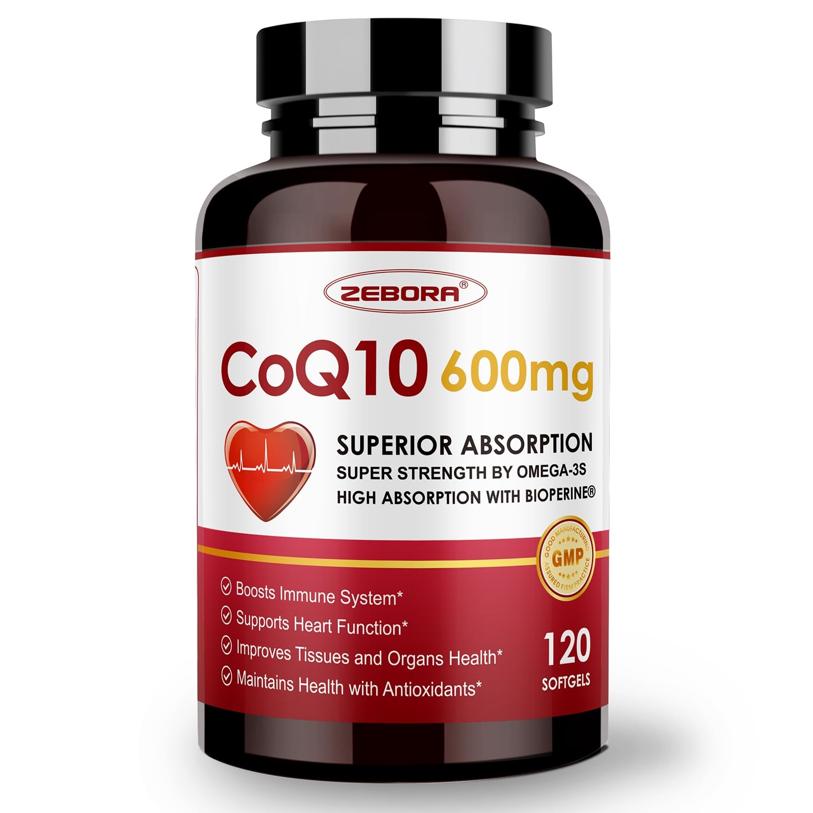 ZEBORA envase frontal del CoQ10 600mg mostrando etiqueta clara y beneficios
