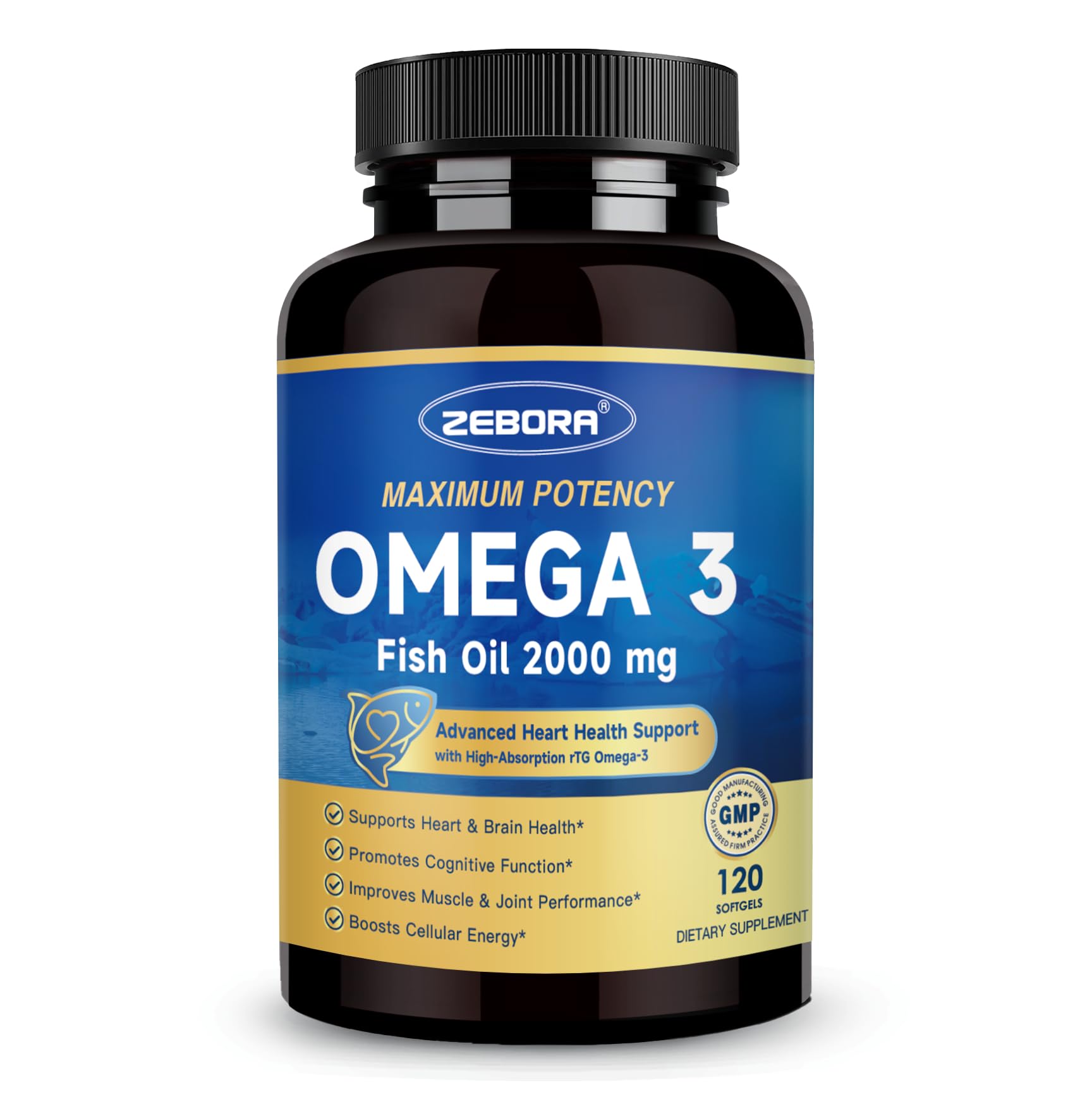 ZEBORA frente del envase mostrando 120 softgels y beneficios clave