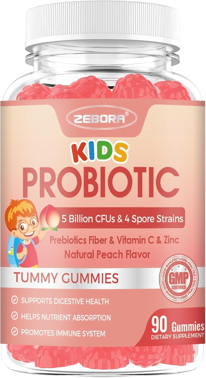 ZEBORA envase frontal de gomitas durazno mostrando dosificacif3n y beneficios