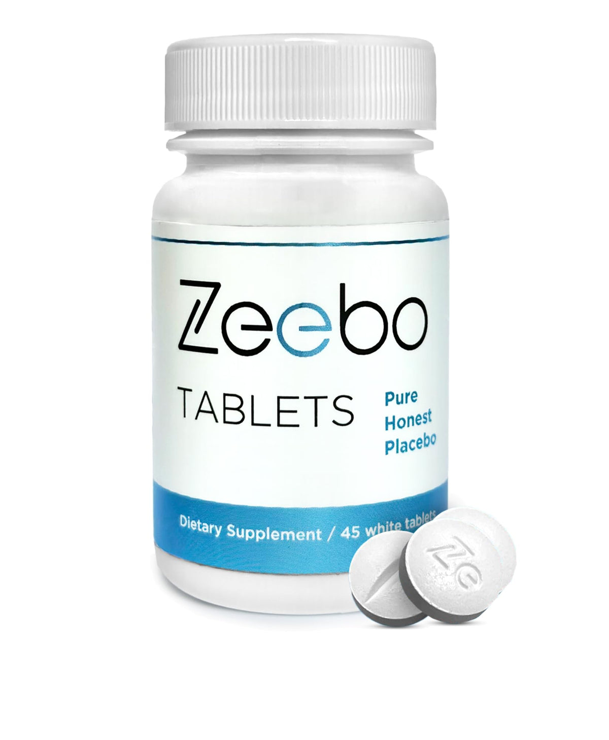 Envase frontal Zeebo Placebo Pills tabletas mostrando diseño y cantidad para control seguro