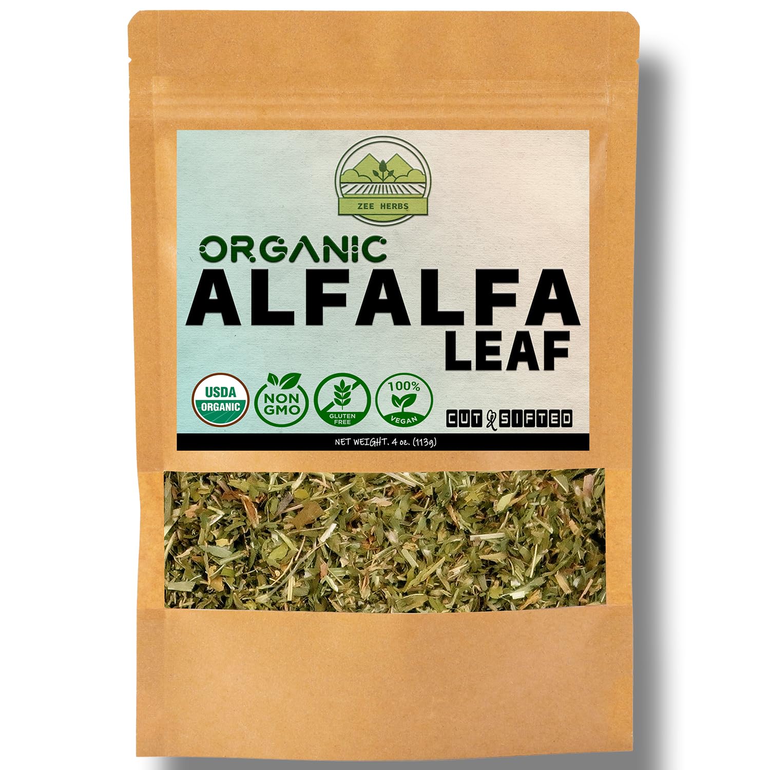 ZeeHERBS paquete frontal de alfalfa orgánica mostrando envase resellable y beneficio frescura