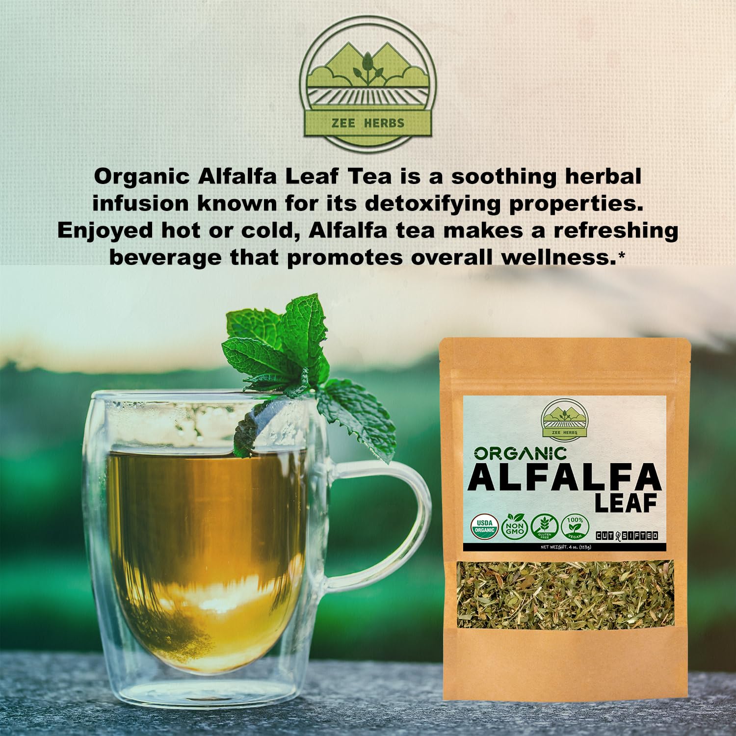 ZeeHERBS hojas de alfalfa infusionándose en una taza para una bebida refrescante
