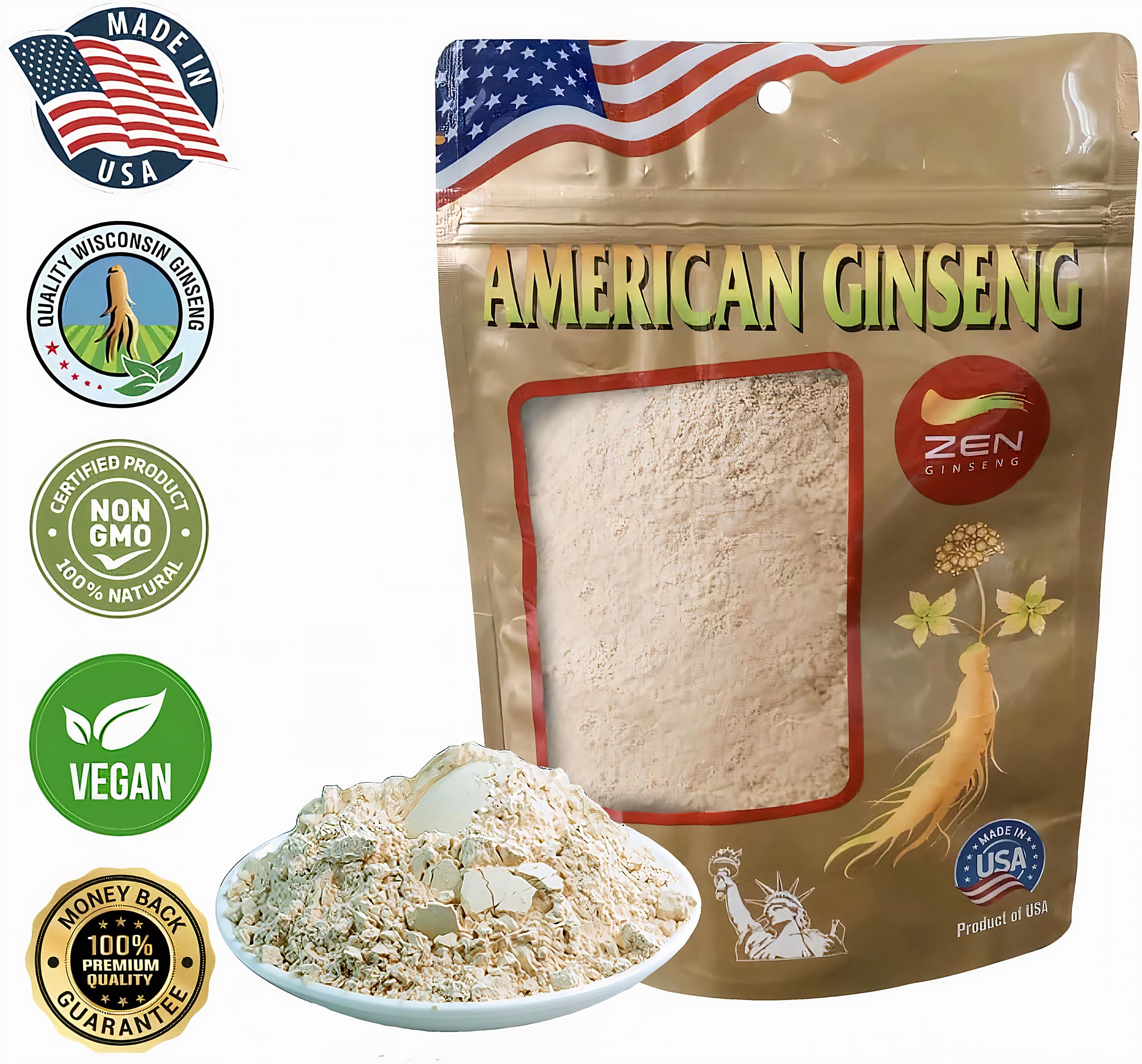 Zen Ginseng etiqueta que muestra origen Wisconsin y certificaciones