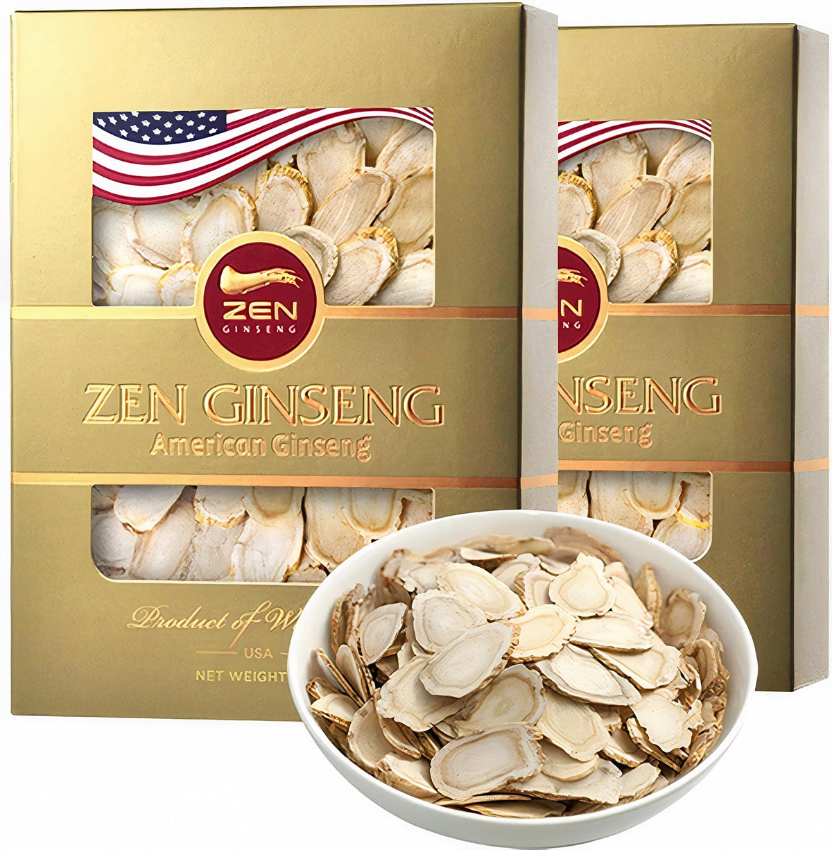 Zen Ginseng frente del empaque mostrando el sello de origen Wisconsin y beneficios claros