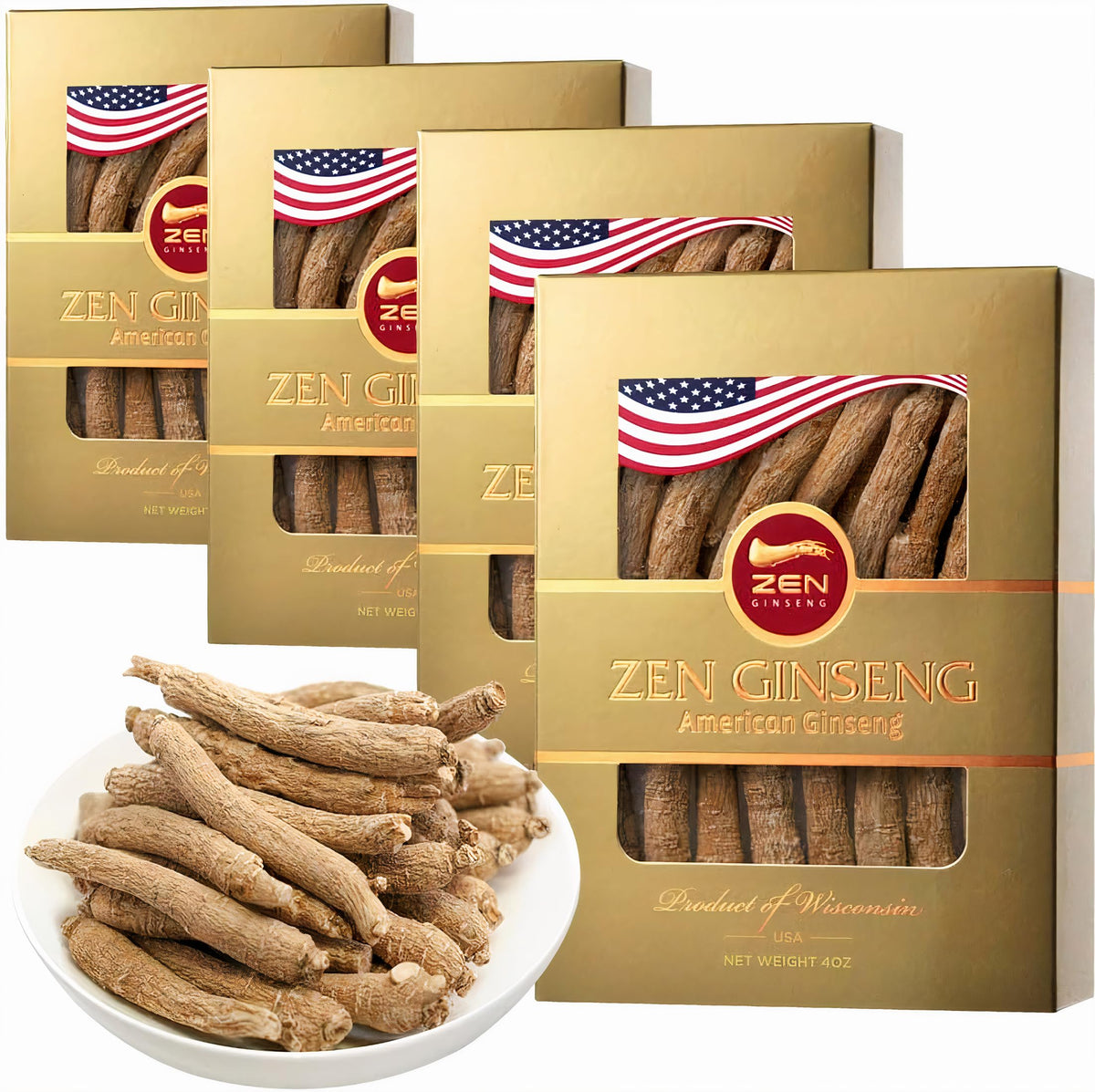 Zen Ginseng paquete frontal mostrando raíces y certificaciones, garantía de calidad