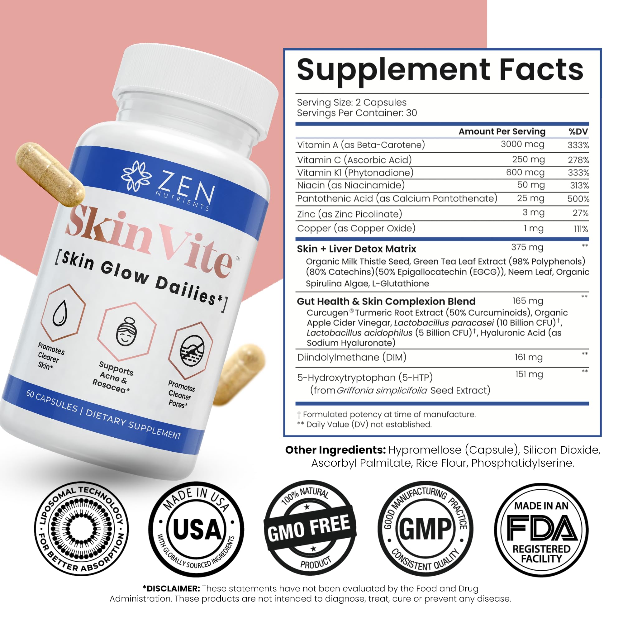 Zen Nutrients persona tomando SkinVite apoyo diario para piel clara