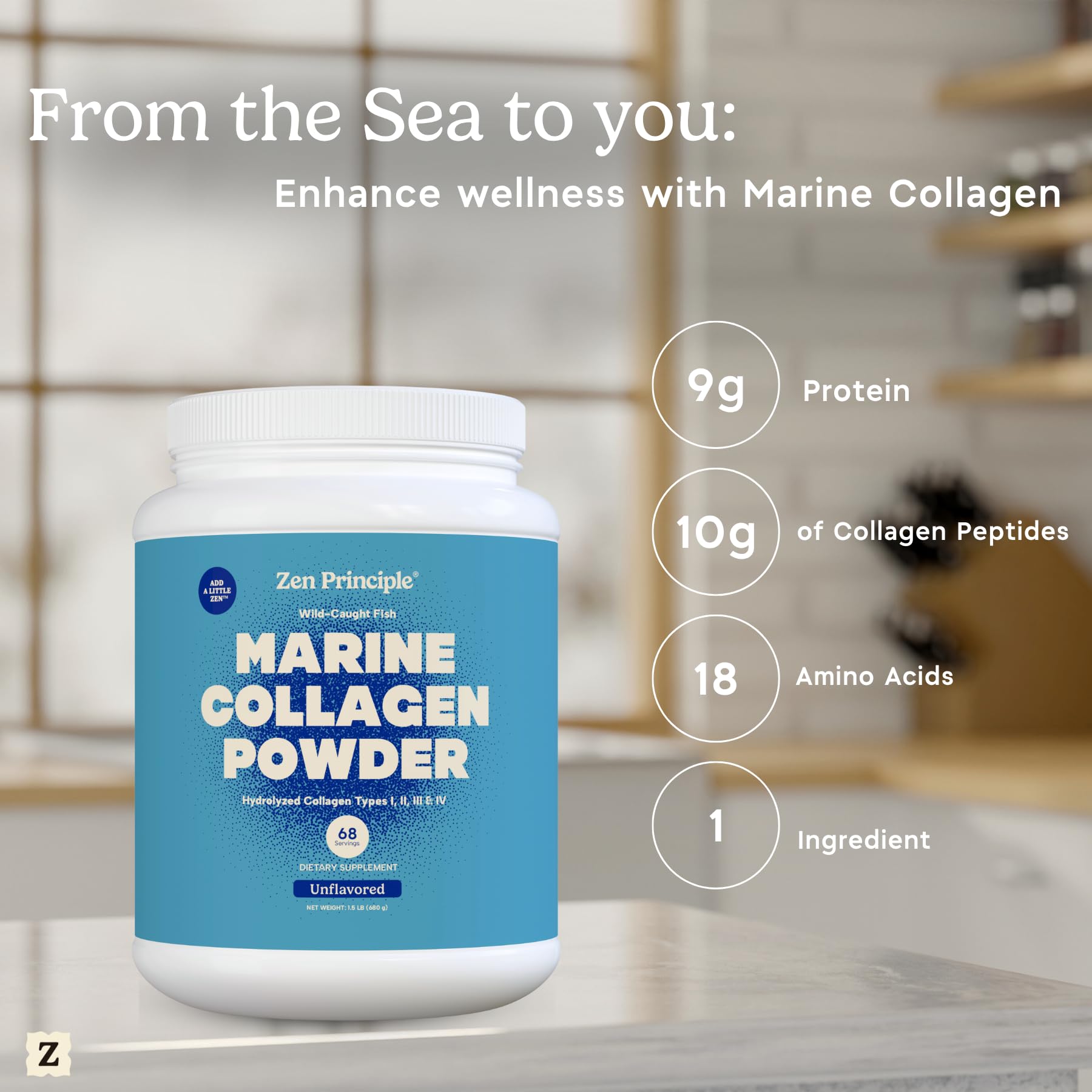Zen Principle envase 1.5 lb junto a objetos para escala y conveniencia