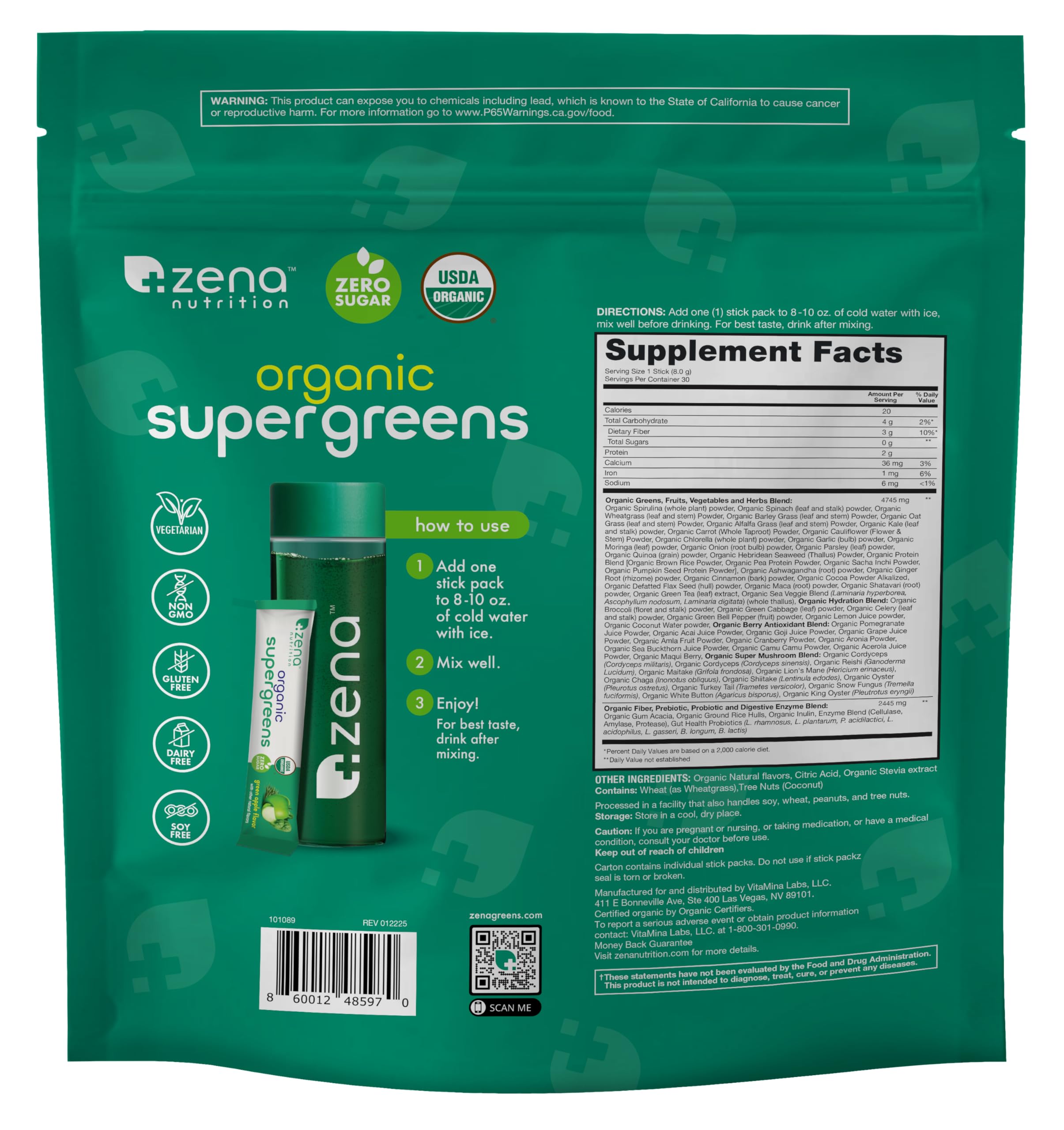 Zena Nutrition comparación de tamaño del sobre y mano humana