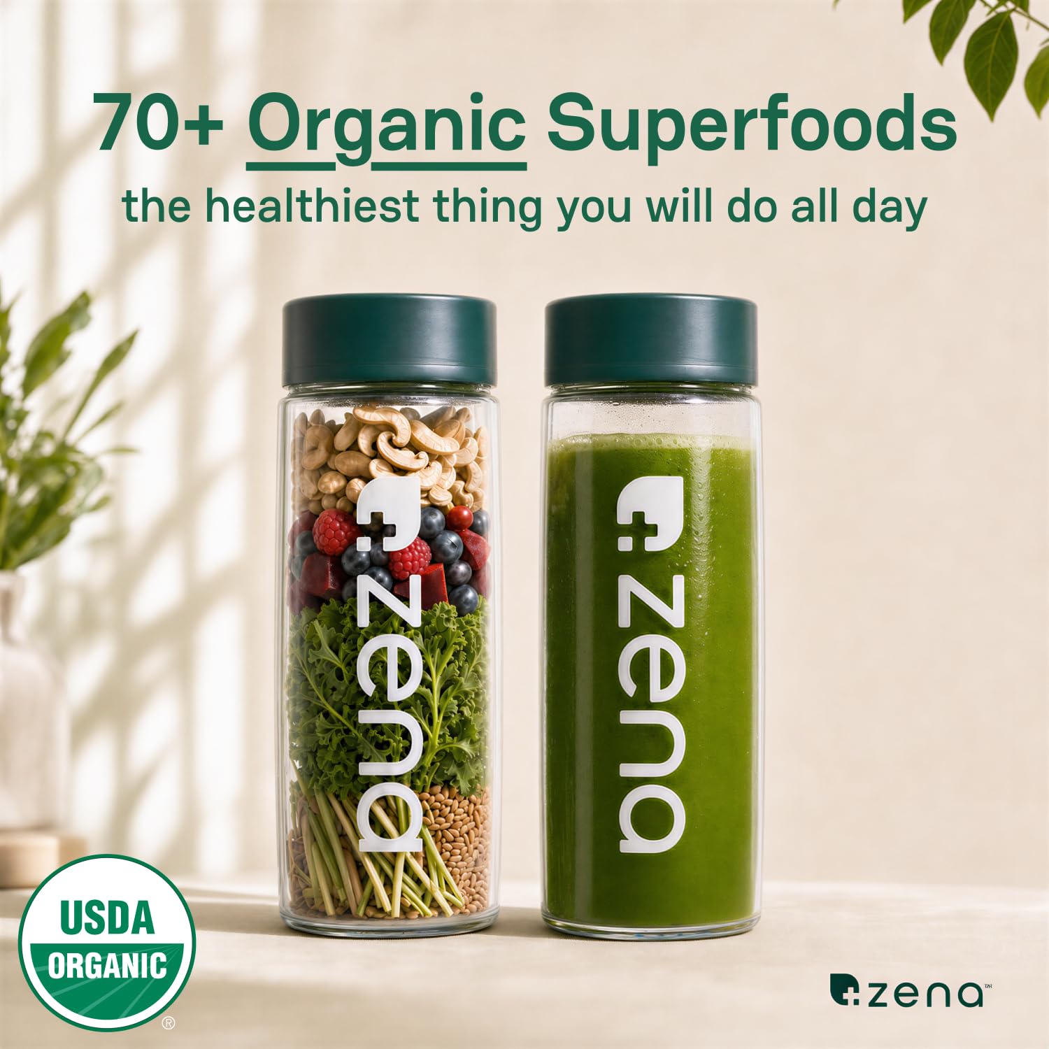Zena Nutrition — cucharada medidora con polvo listo para preparar bebida rápida