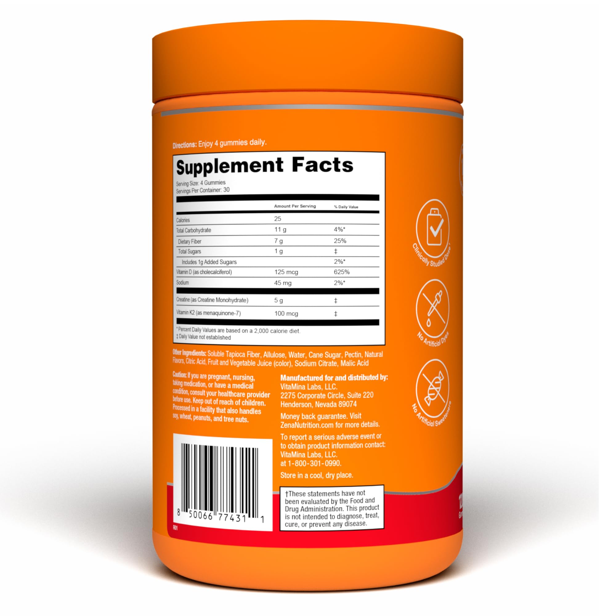 Etiqueta de Zena Nutrition con información nutricional y contenido de creatina