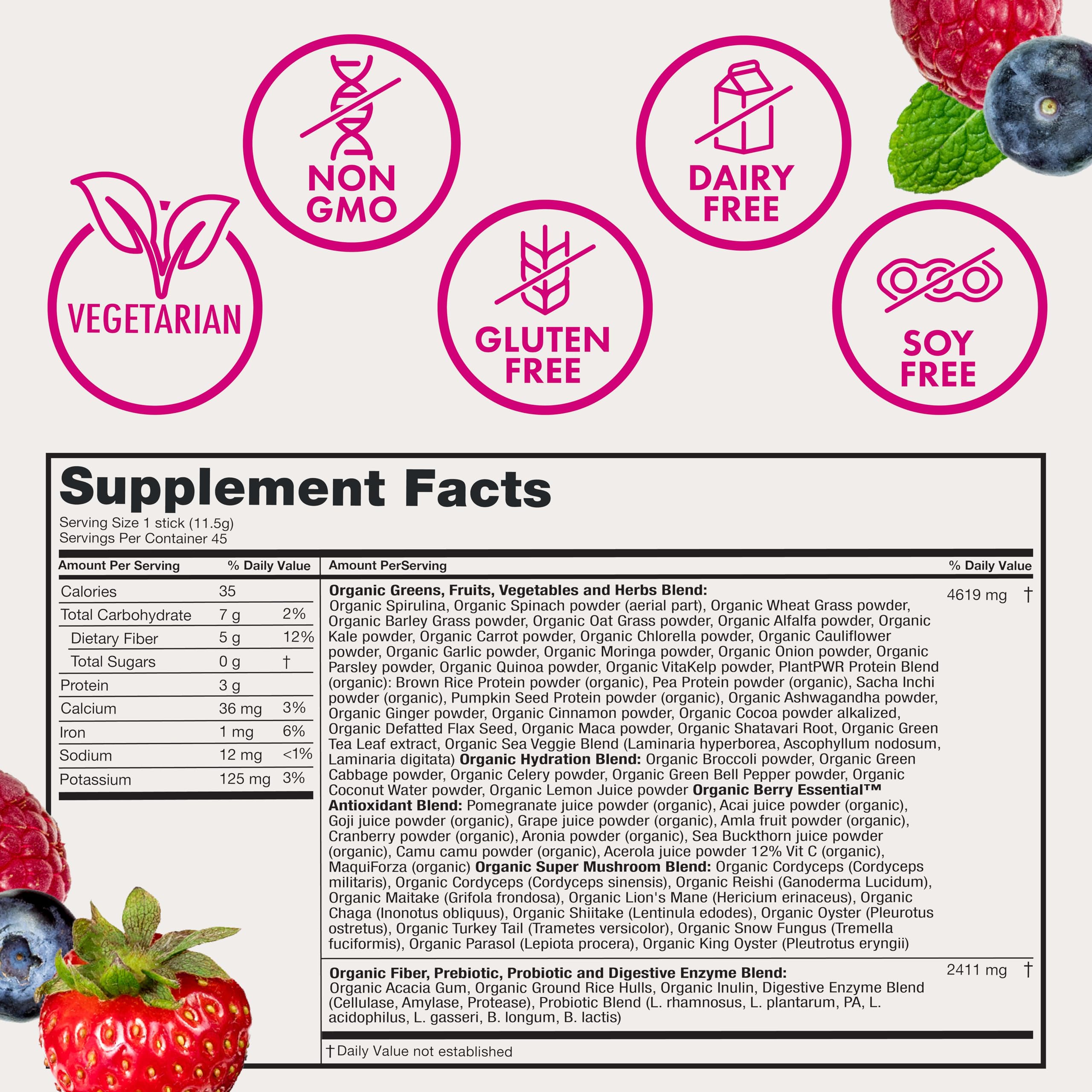 Zena Nutrition etiqueta nutricional detallada con lista de superalimentos