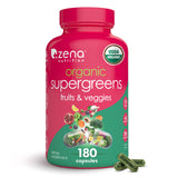 Zena Nutrition frasco frontal mostrando etiqueta certificada USDA Organic y ventaja sin azúcar