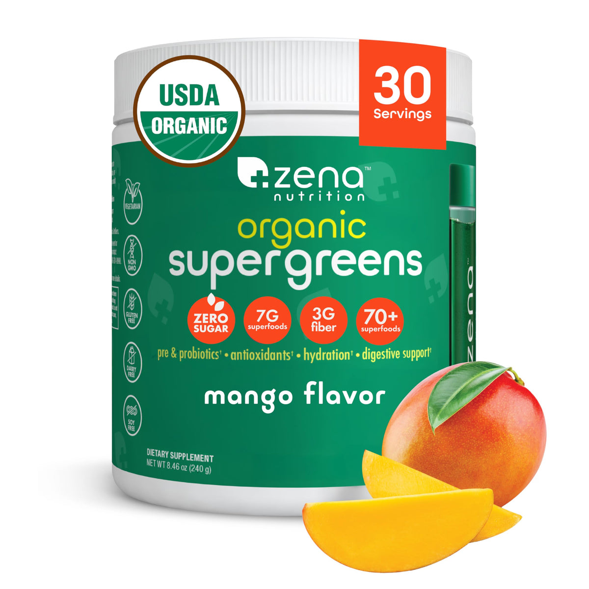 Zena Nutrition — frente del empaque mostrando 30 porciones y sello orgánico