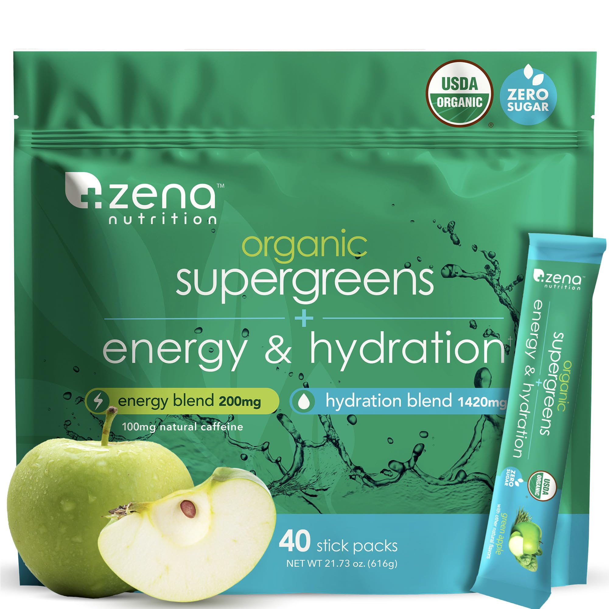 Zena Nutrition frente del paquete mostrando sobres y beneficios orgánicos