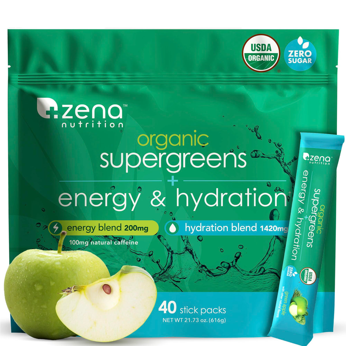 Zena Nutrition frente del paquete mostrando sobres y beneficios orgánicos