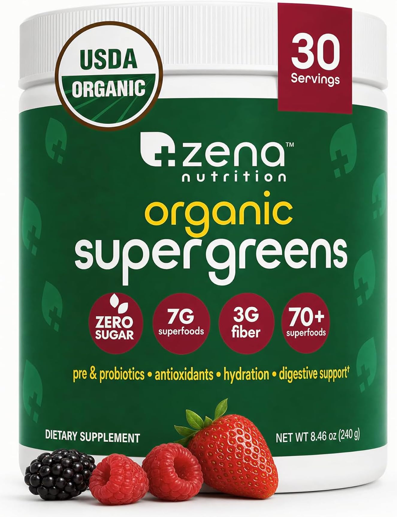 Zena Nutrition envase frontal mostrando etiqueta orgánica y porciones