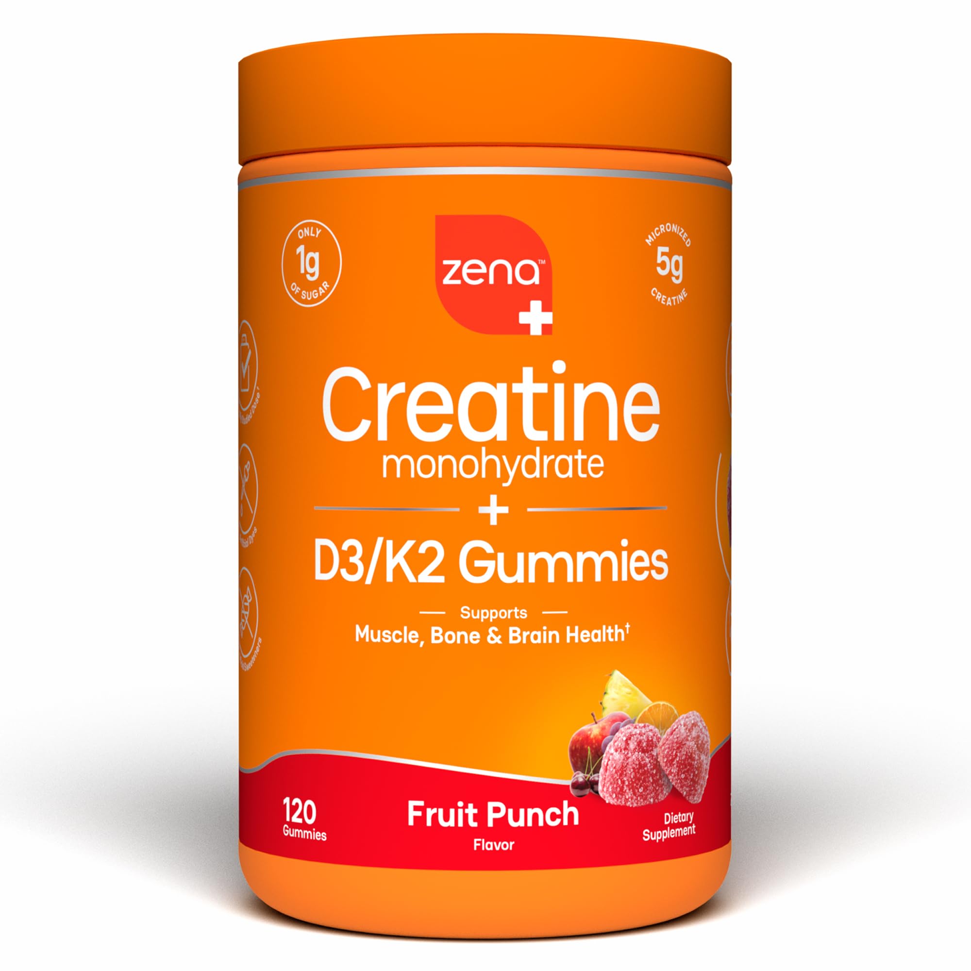 Zena Nutrition envase frontal de gominolas creatina, formato conveniente para llevar