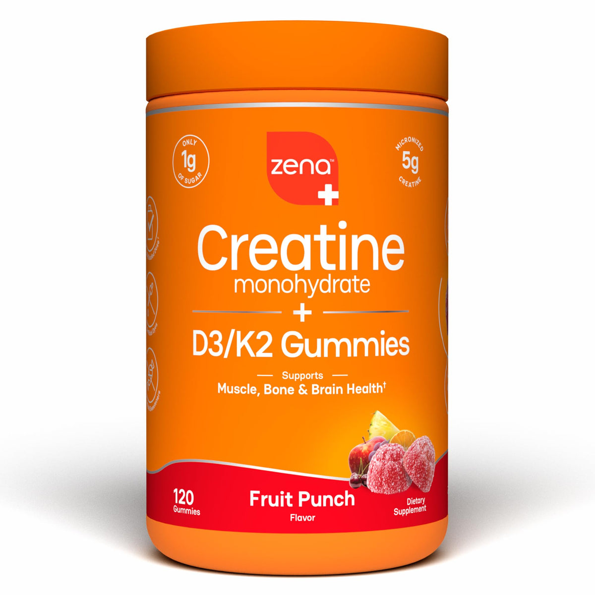 Zena Nutrition envase frontal de gominolas creatina, formato conveniente para llevar