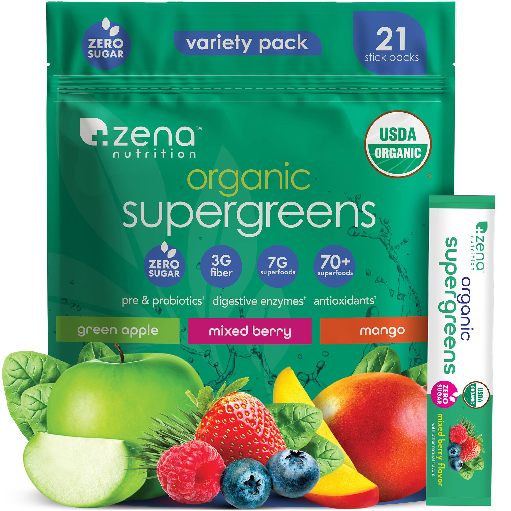 Zena Nutrition pack frontal con sobres y beneficios visibles