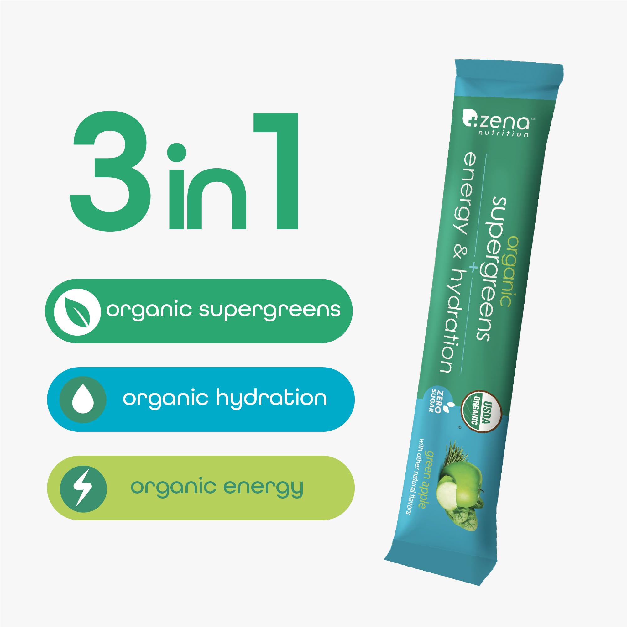 Zena Nutrition sobre abierto con polvo verde listo para mezclar