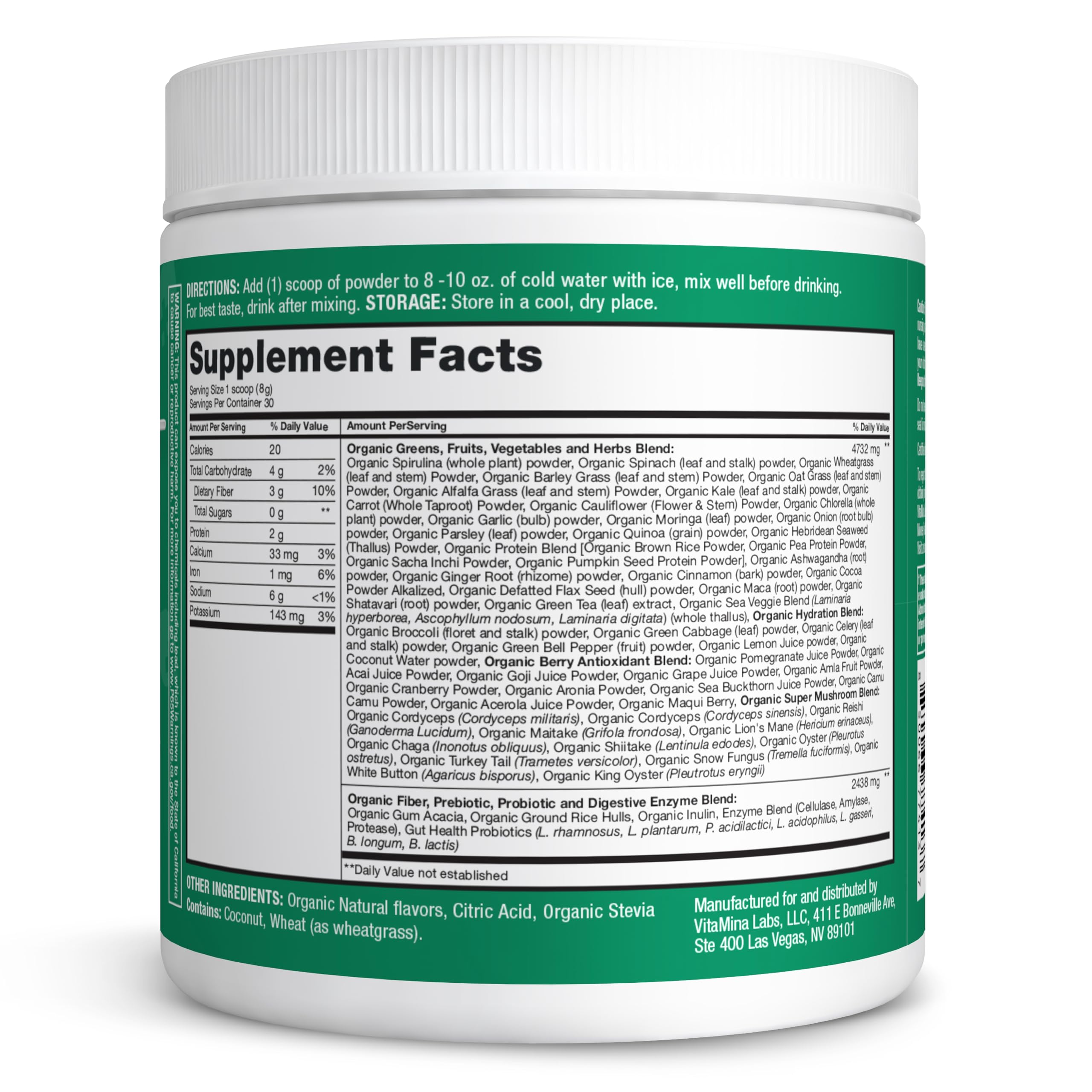 Zena Nutrition — comparación de tamaño del envase para planificación de uso