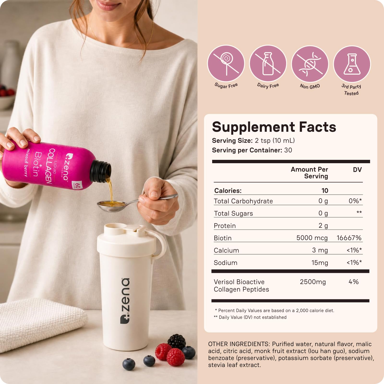 Zena Nutrition vaso con bebida frutos rojos listo para beber y disfrutar sabor