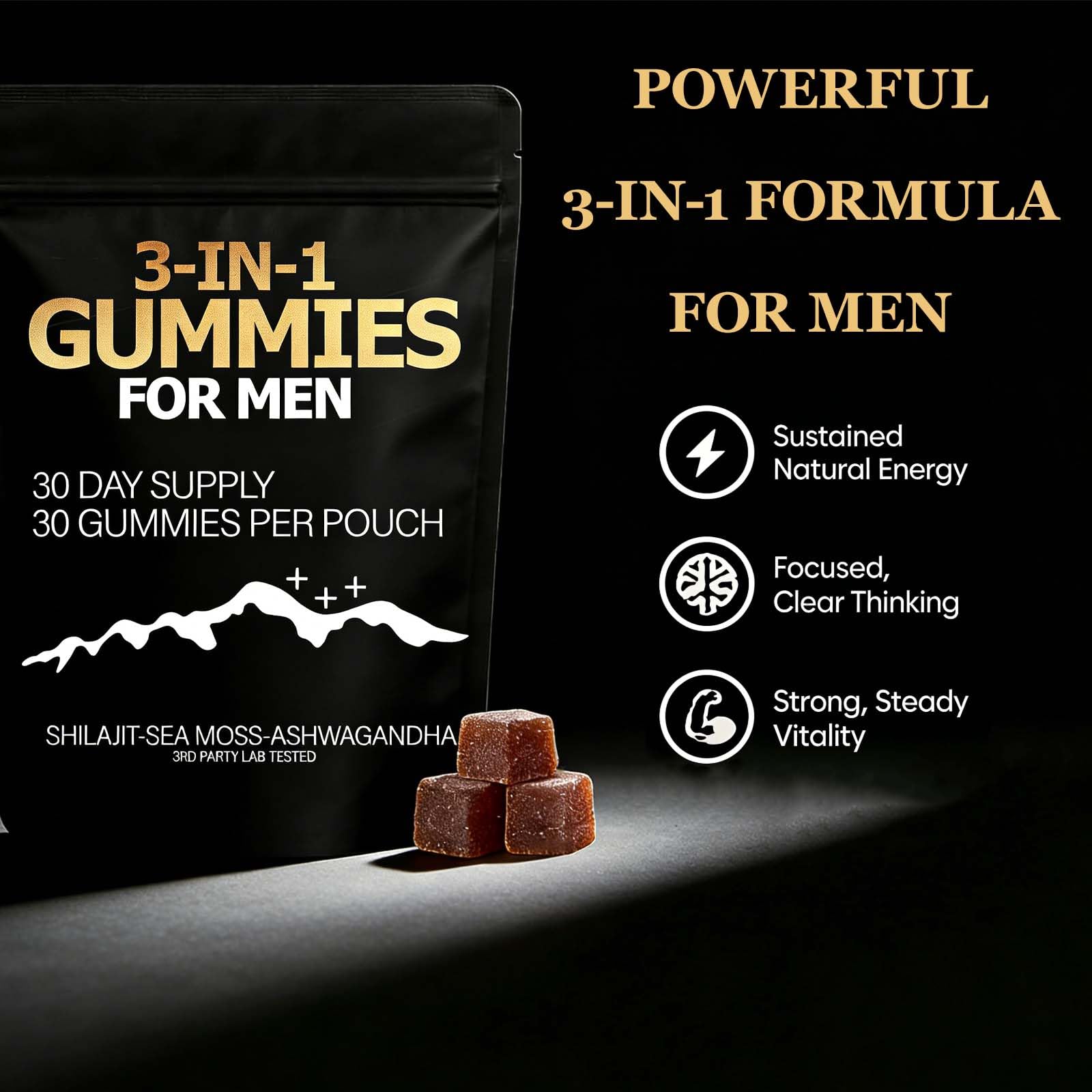 Ingredientes principales Zenith Gummies con Shilajit, Sea Moss y Ashwagandha visibles