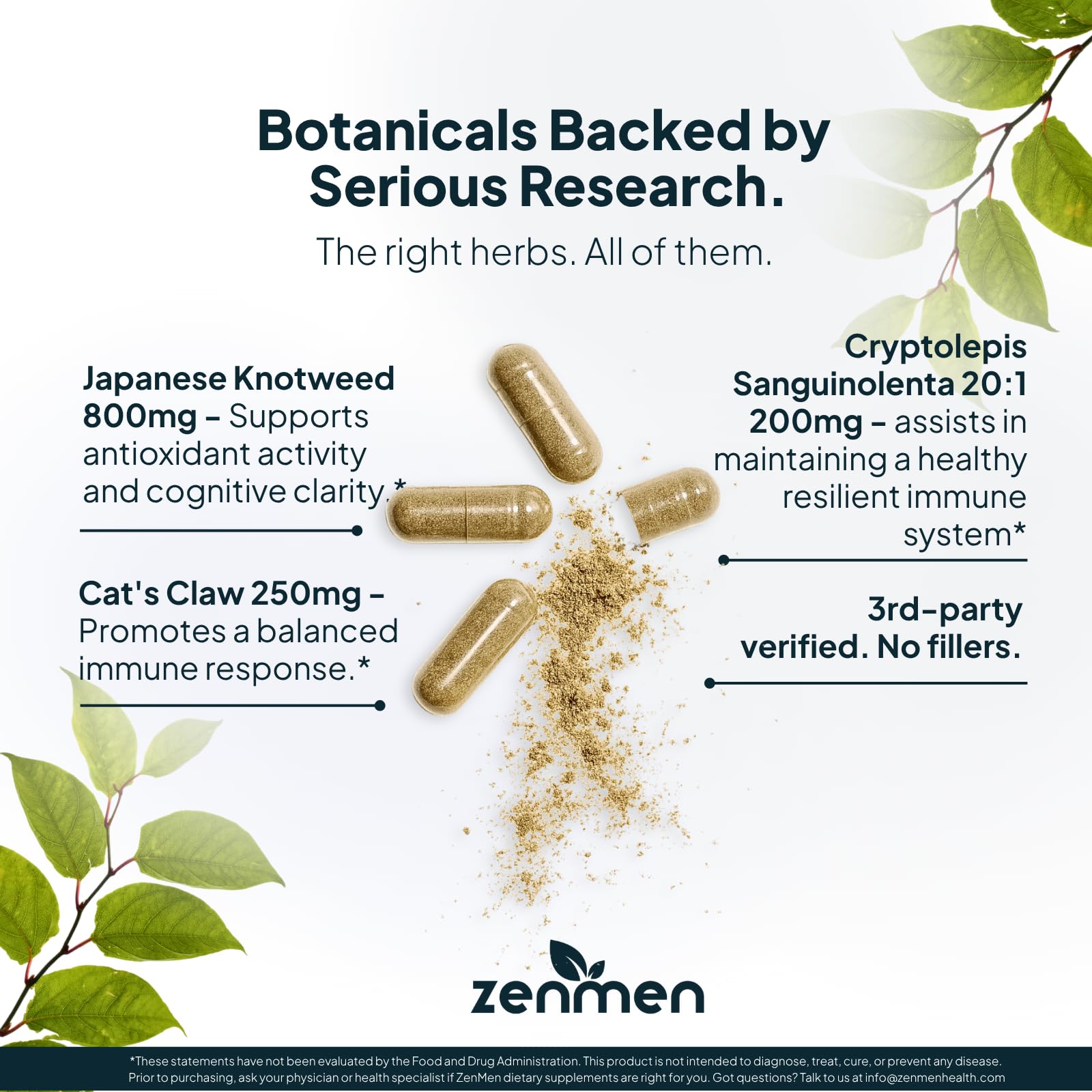 Zenmen etiqueta con lista de ingredientes botánicos y dosificación clara