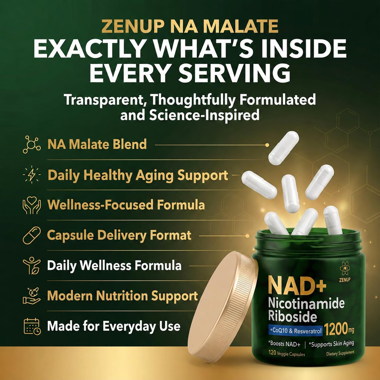 ZenUP ingredientes cercanos señalando Nicotinamide Riboside Malate y CoQ10