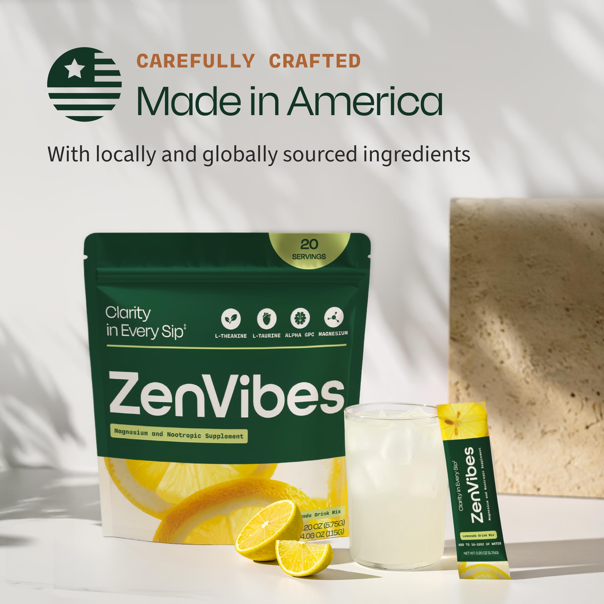 Zen Vibes vaso en uso mezclado con agua para enfoque y relajación