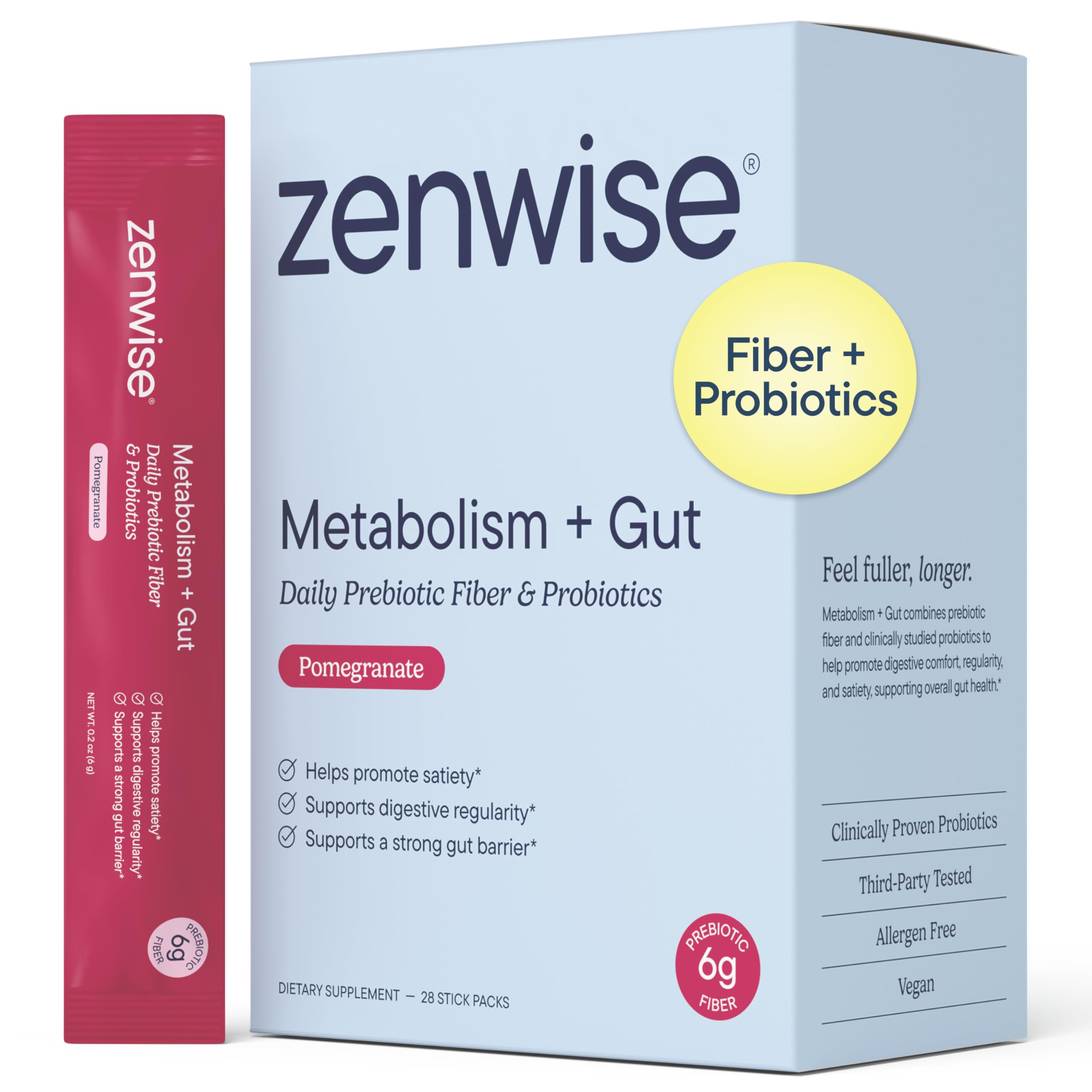 Zenwise Health frente del empaque mostrando sabor granada y beneficios