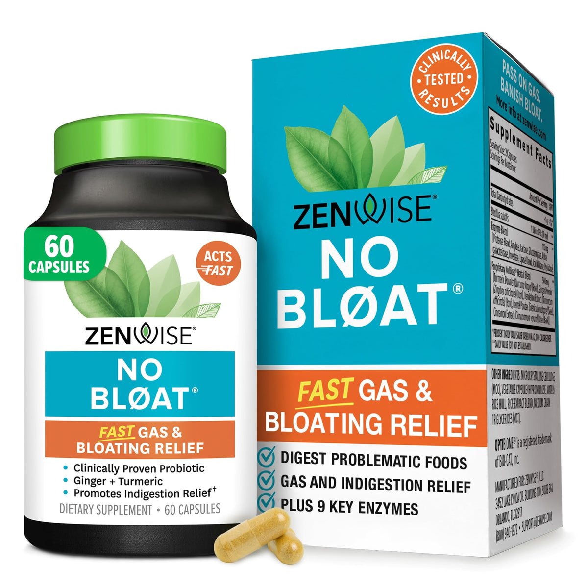 Zenwise Health envase frontal mostrando etiqueta y beneficios para alivio digestivo