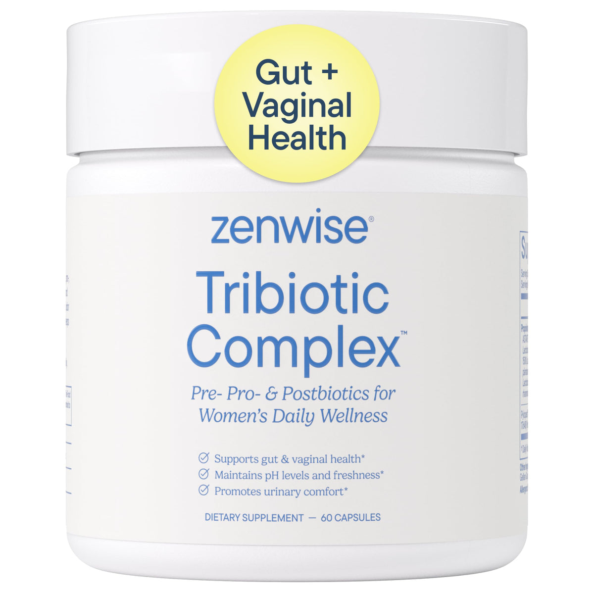 Zenwise Health frasco frontal mostrando etiqueta y beneficios