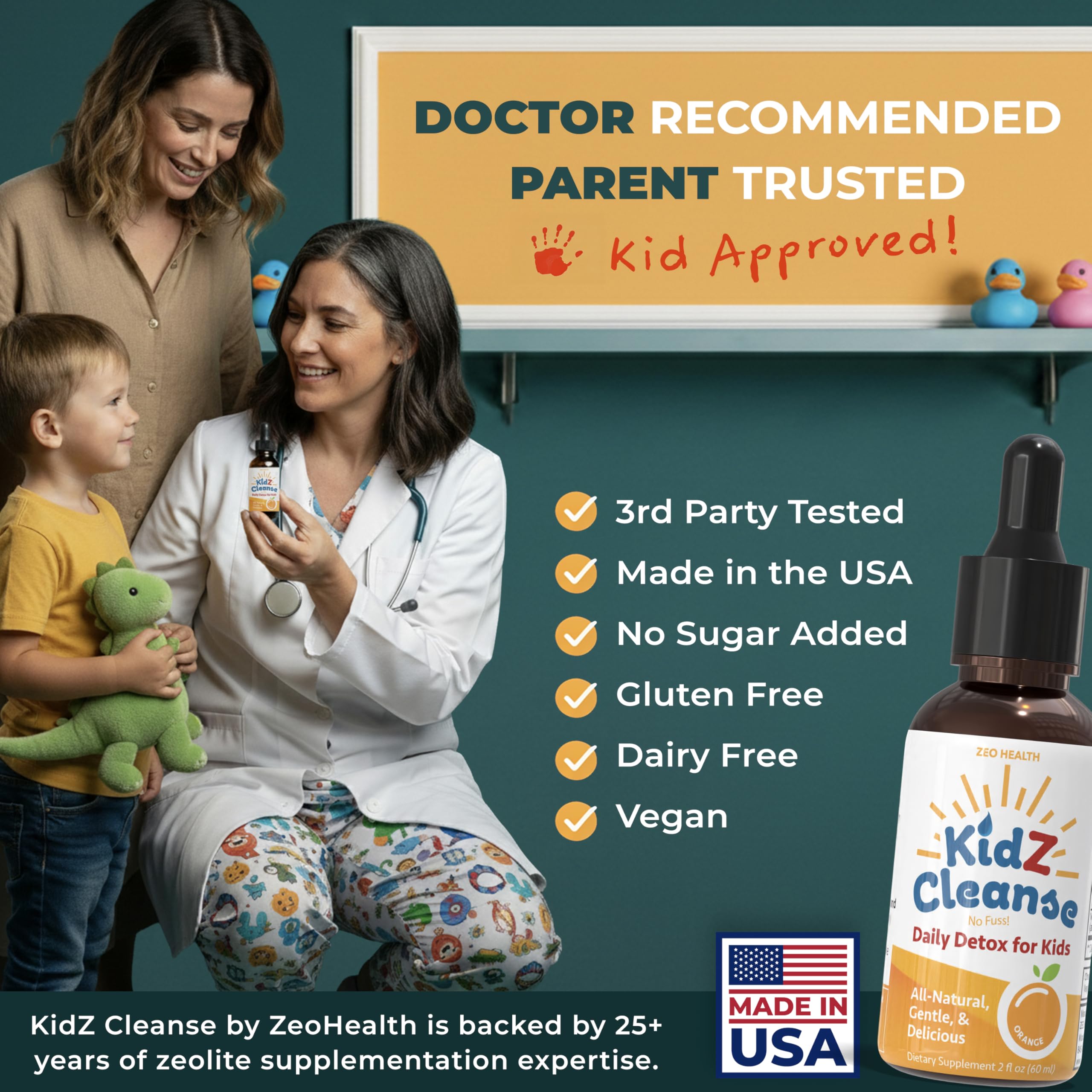 Etiqueta Zeo Health con lista de ingredientes y formas bioactivas, fácil lectura para padres