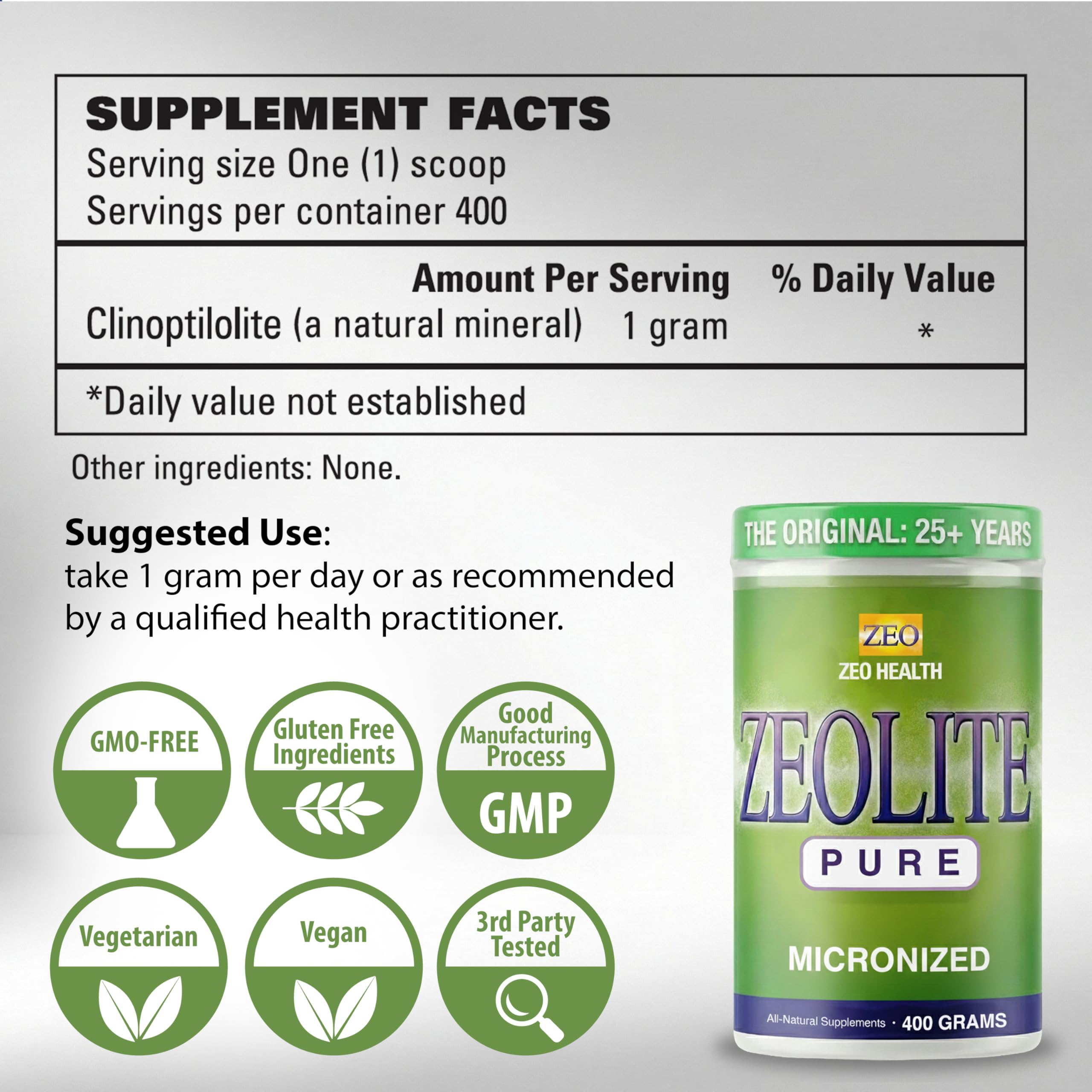 Zeo Health etiqueta nutricional con información de pureza y dosificación